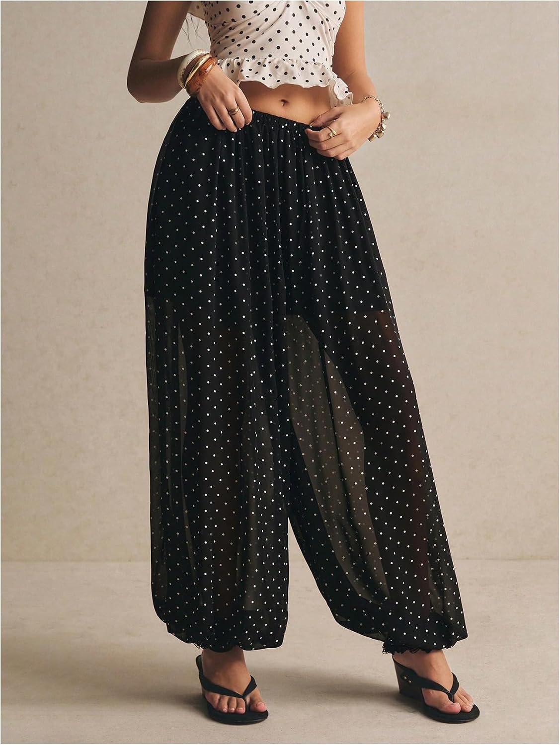 Floerns Women's Polka Dots Harem Balloon Pants Chiffon Sheer Elastic Waist Baggy Lantern Pant