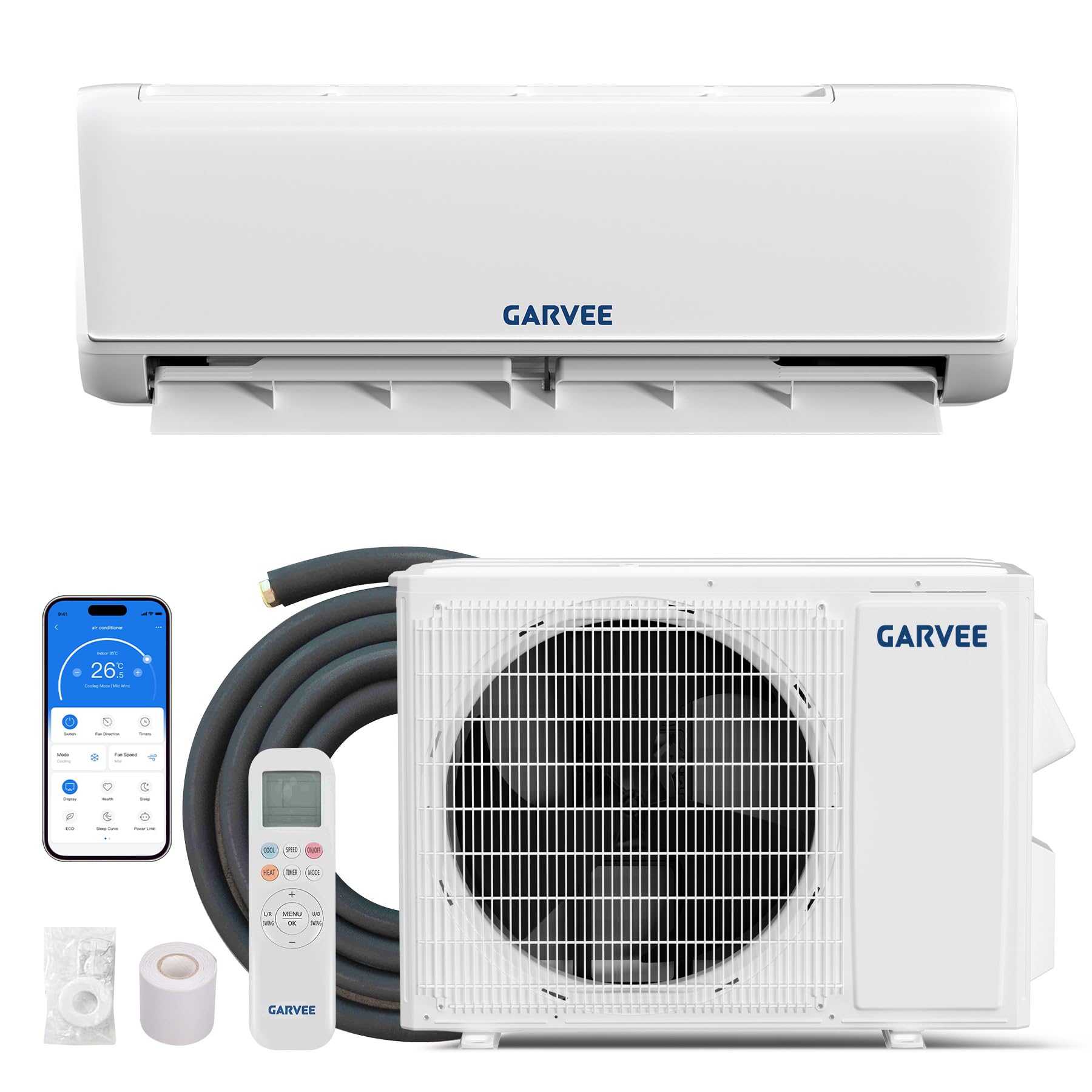 Garvee Mini Split AC with Heat Pump, 12000 BTU 18.5 SEER2, 208-230V