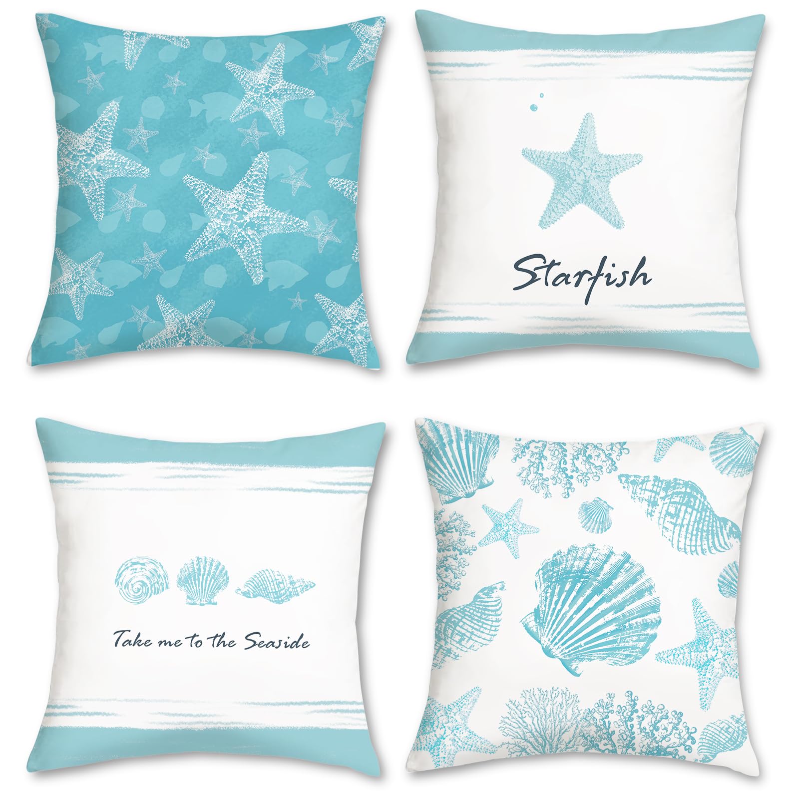 COZZSNUGE Summer Coastal Cushion Covers Starfish Seashell Conch Coral Velvety Decorative Pillowcases for Sofa Bed Home Patio 45 x 45 cm Set of 4