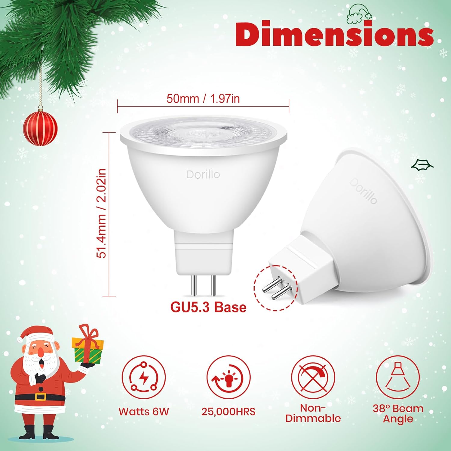 MR16 Red & Green LED Light Bulbs 12 Pack, 6W, GU5.3 Bi-Pin 12V, Non-Dimmable, 38° Beam, Christmas Party Lighting for Yard, Trees, Garden, Landscape