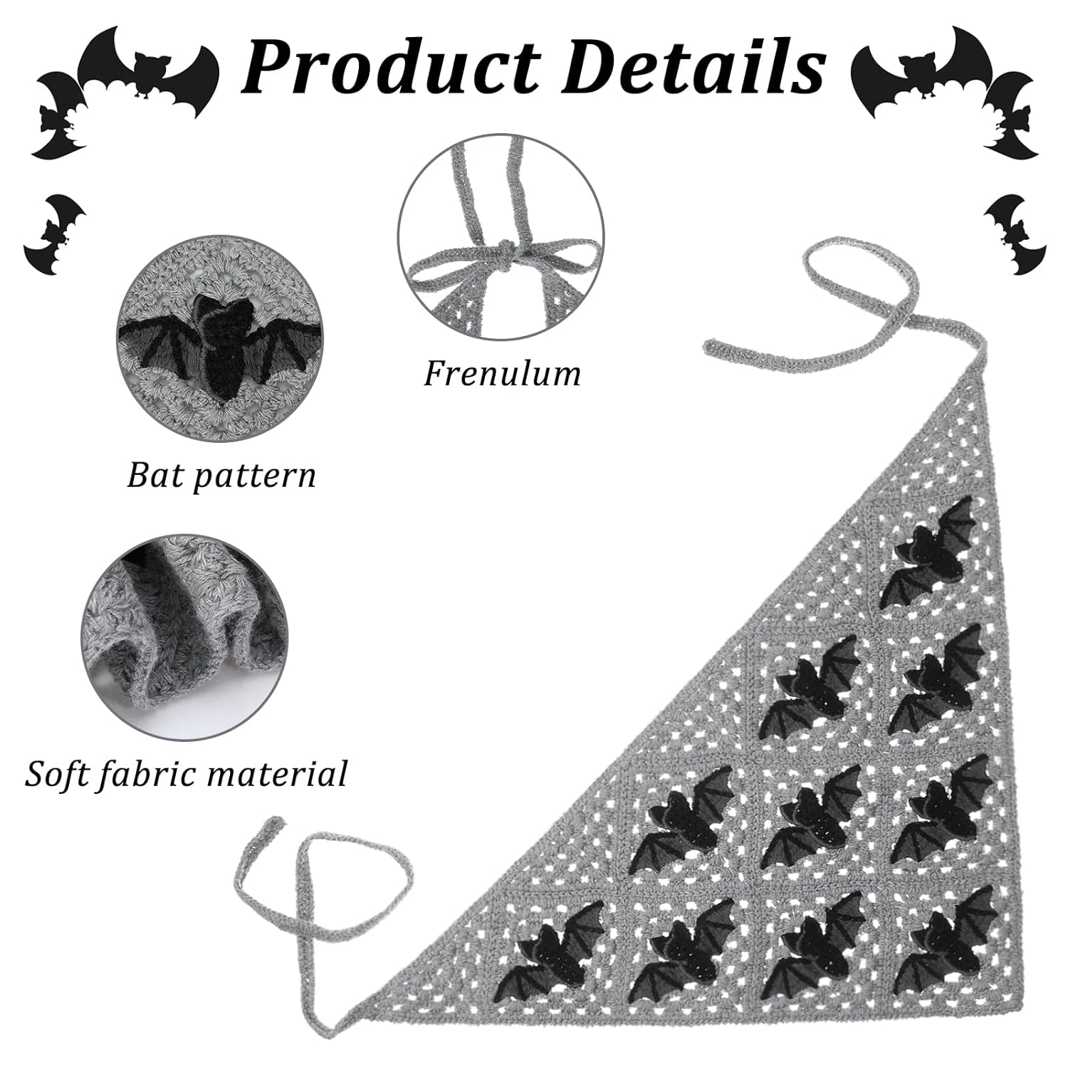 Crochet Headbands Gothic Clothes for Women, Bat Pattern Triangle Bandana, Gothic Cotton Knit Headband, Vintage Greyscale Head Scarf for Halloween Christmas Hair Styling Decor - Image 3