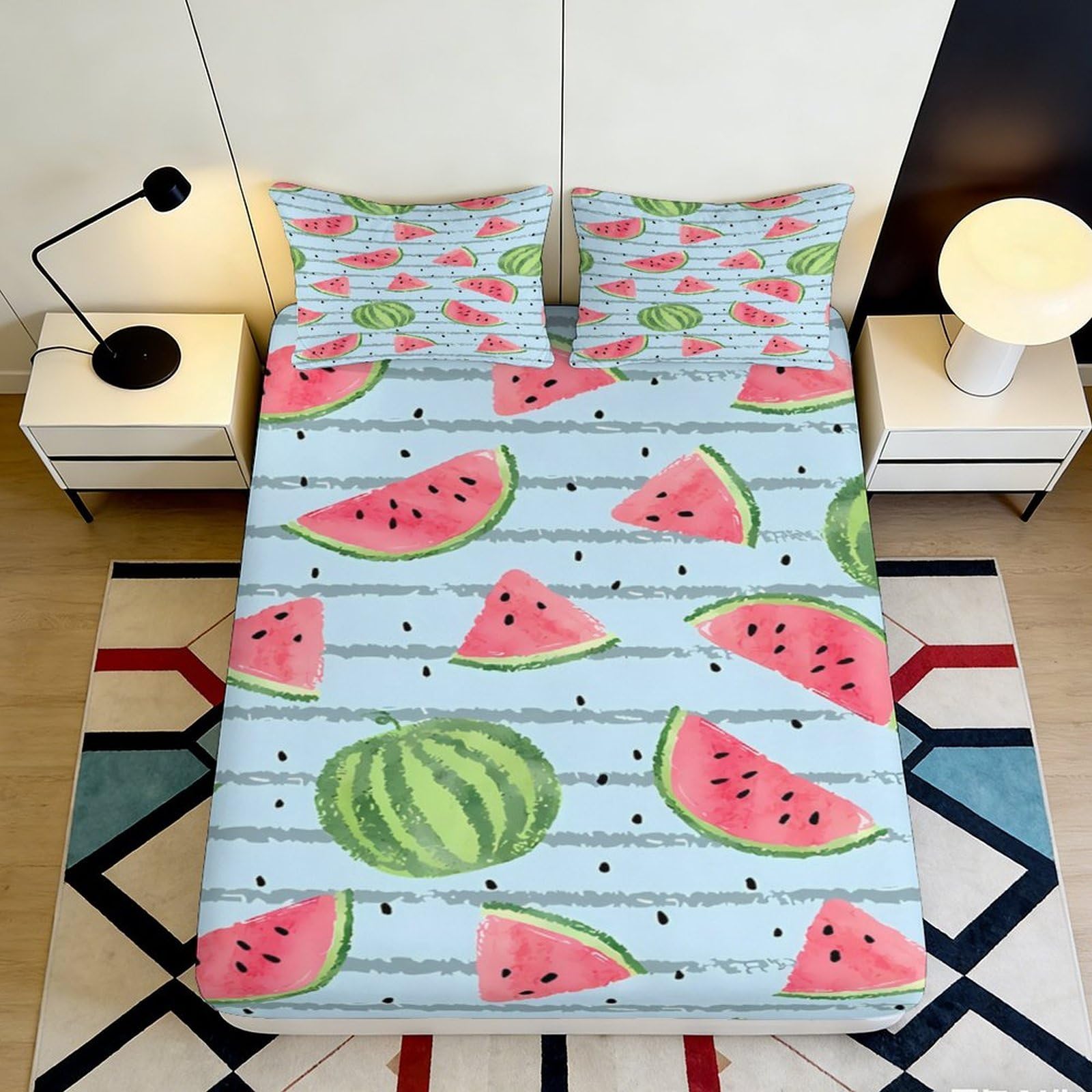 3D Printed Watermelon Slice Fitted Sheet Microfiber Soft Breathable Fruit Pattern Bed Cover for Bedroom Dorm Mattress Protection Decor 90x200x25cm