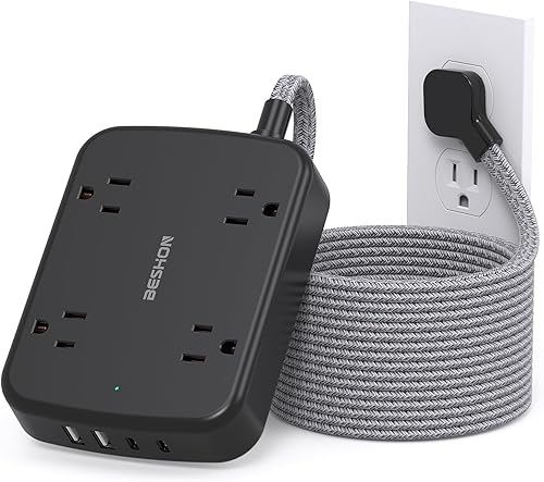 Vista 10 de Cable de Extensión 15 pies, BESHON - Regleta de Alimentación Larga con 2 USB C, Regleta de Alimentación de Enchufe Plano, 4 Salidas y 4 Puertos