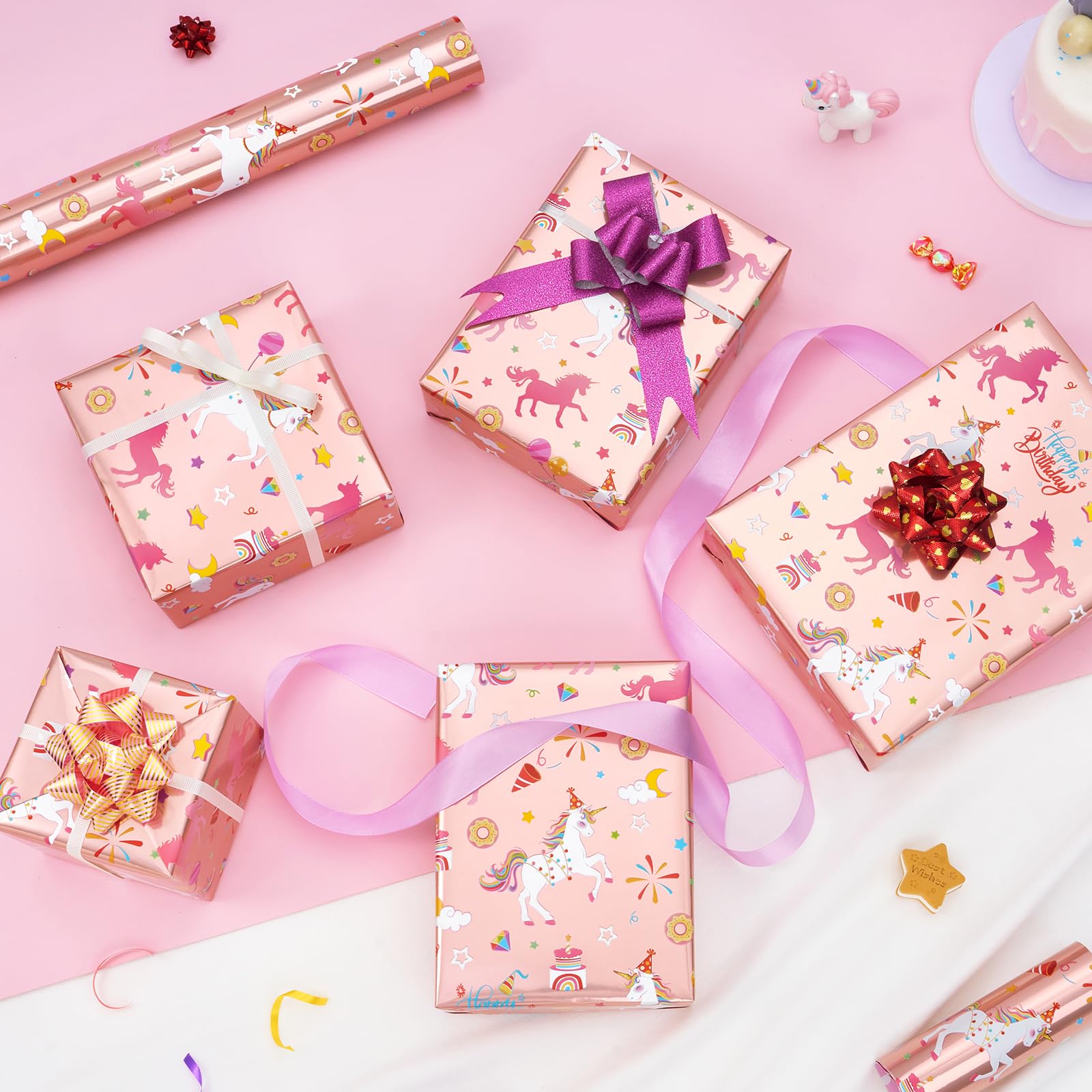 WERNNSAI Einhorn Geschenkpapier - 5m Rolle Mit Süßen Einhörnern, Doppelseitig & Knitterfrei