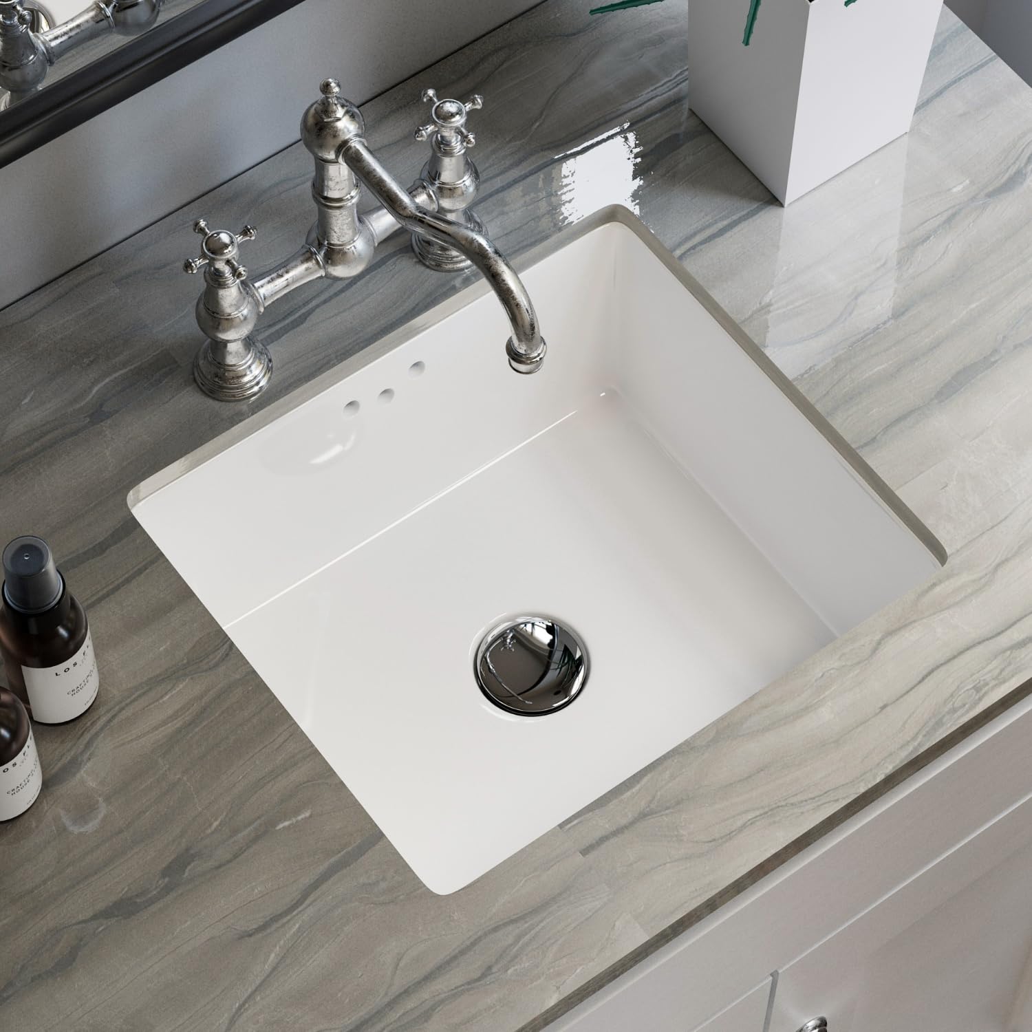16 Inch Rectangle Undermount Bathroom Sink, Los Flexi 16" x 14″ Small Rectangular White Ceramic Lavatory Basin with Overflow, Under Counter Vanity Sink, Easy Installation