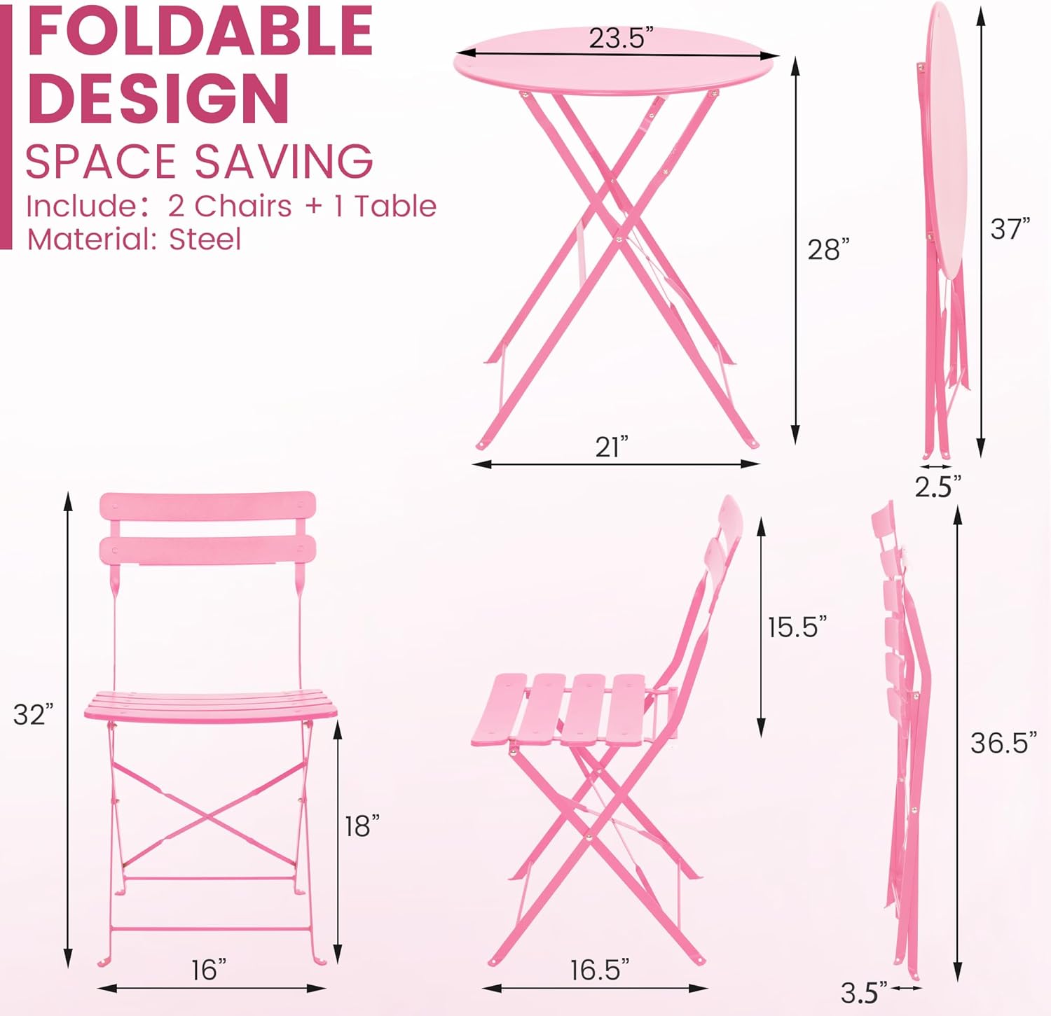 Kromax Outdoor 3 Piece Patio Bistro Set, Folding Bistro Table and Chairs Set of 2, Space Saving, Foldable Coffee Tables for Balcony or Garden, Pink