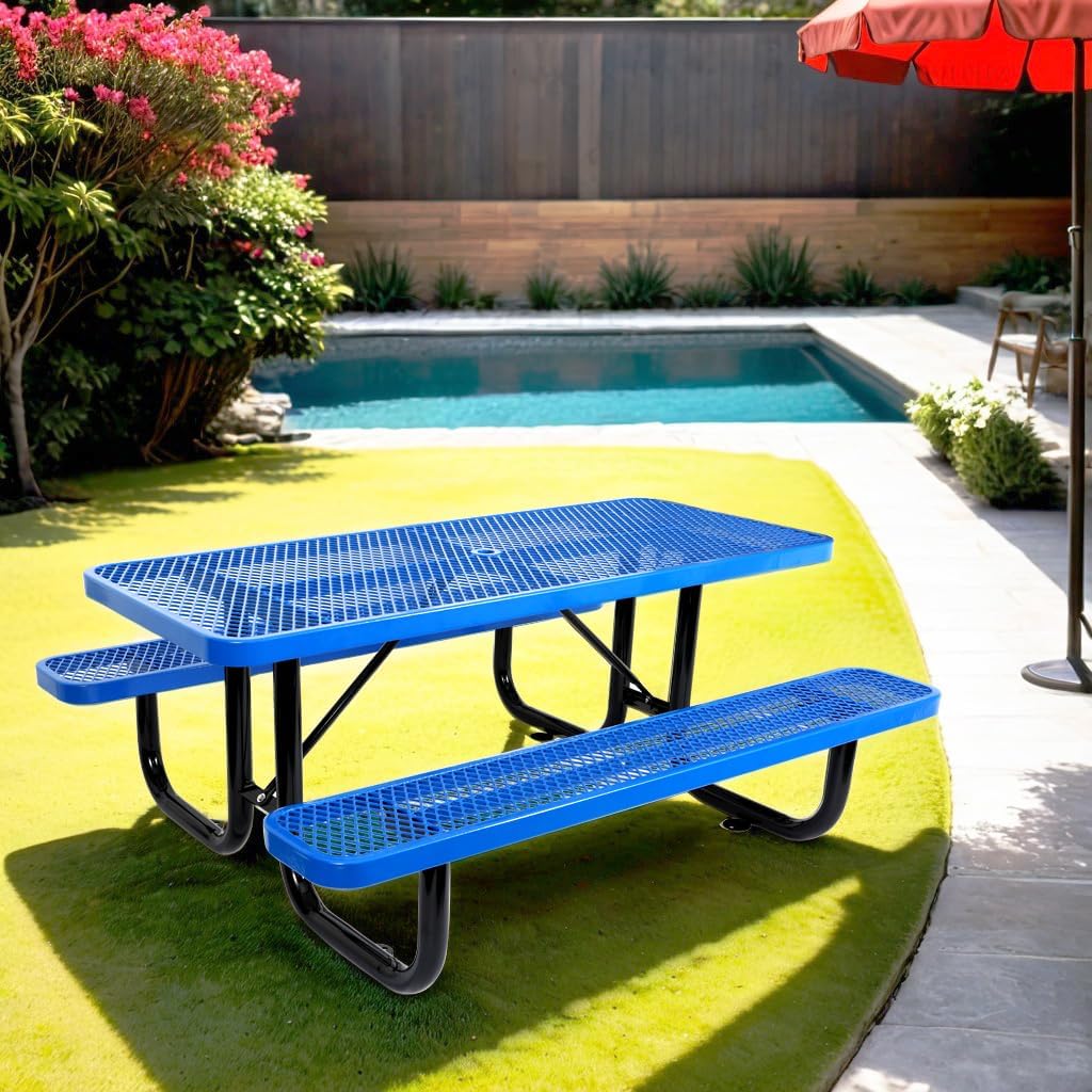 6’L Rectangular Picnic Table, Expanded Metal, Blue Thermoplastic Coating, Heavy-Duty Portable Outdoor Picnic Table with Umbrella Hole, Commercial Grade Lifetime Picnic Tables, 900 lb Capacity
