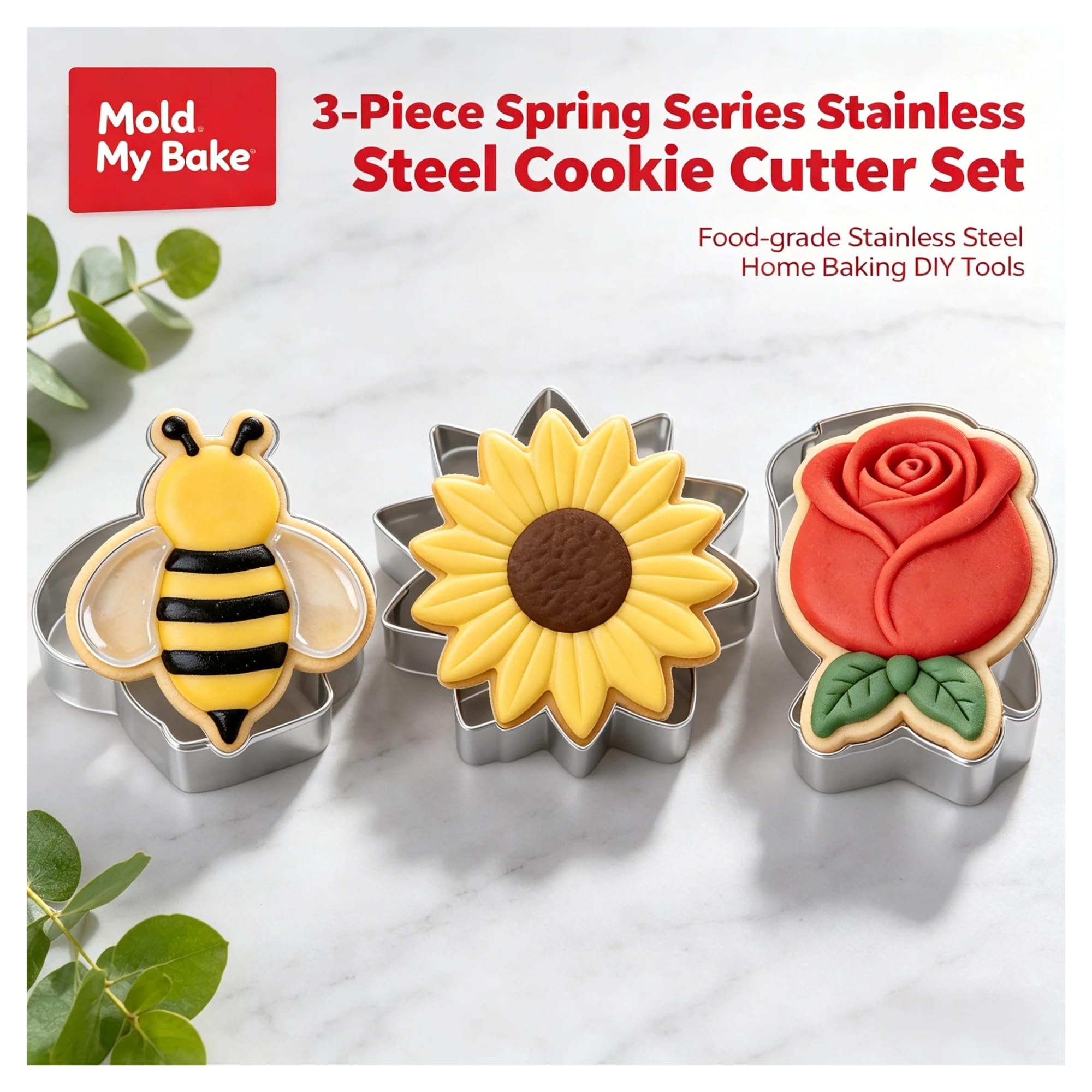 Juego de cortadores de galletas, 3 uds., moldes de acero inoxidable con temática de flor de abeja for fiesta en el jardín, té de la tarde, decoración de postres, horneado DIY