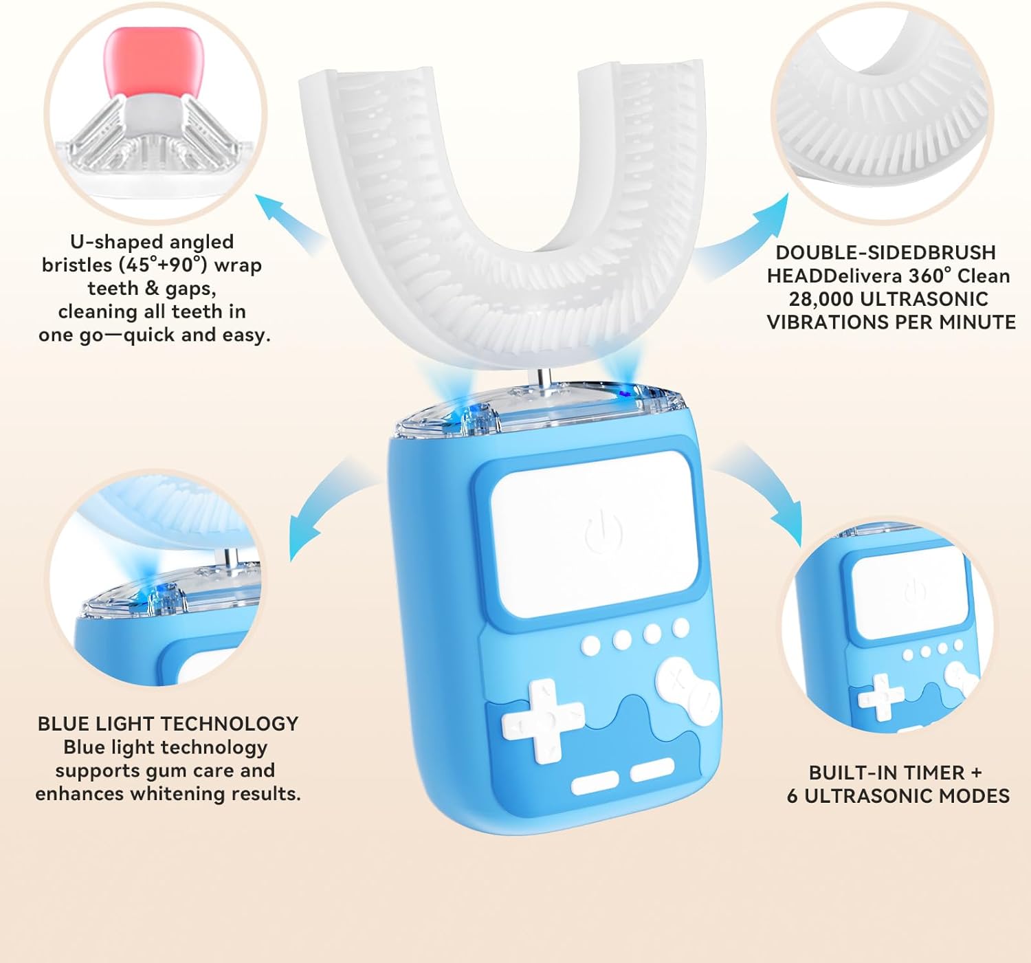 Adult U-Shaped Electric Toothbrush, 360 ° Cleaning, Ultrasonic Toothbrush for Cleaning Teeth, Wireless Rechargeable Automatic Electric Toothbrush Set