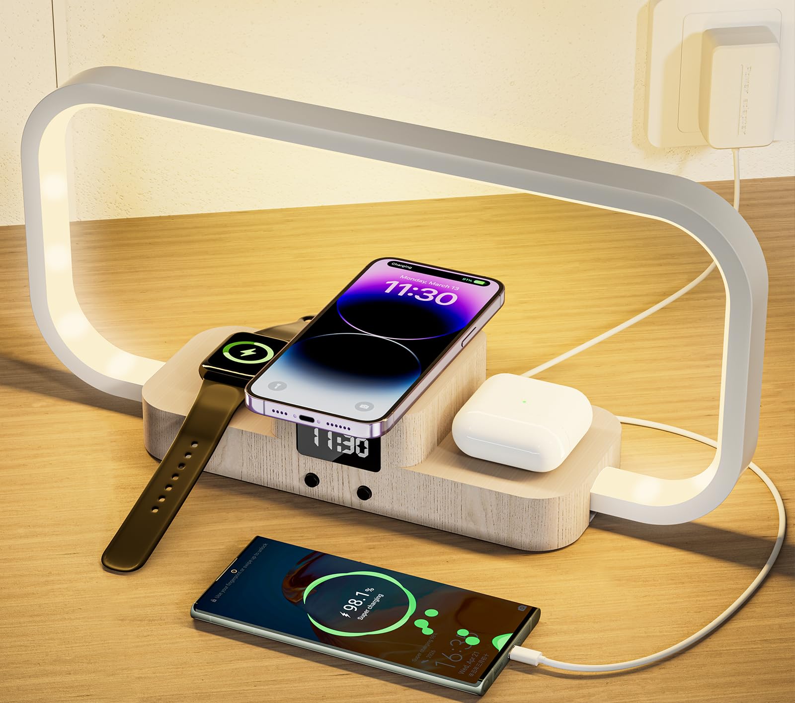 CRLL LED Bedside Lamp with Wireless Charger, 3-in-1 Touch Control Table Lamp with Clock, Dimmable Nightstand Lamp with 5 Color Modes, Modern Bedroom Desk Lamp, Gift for Women & Men, Wooden