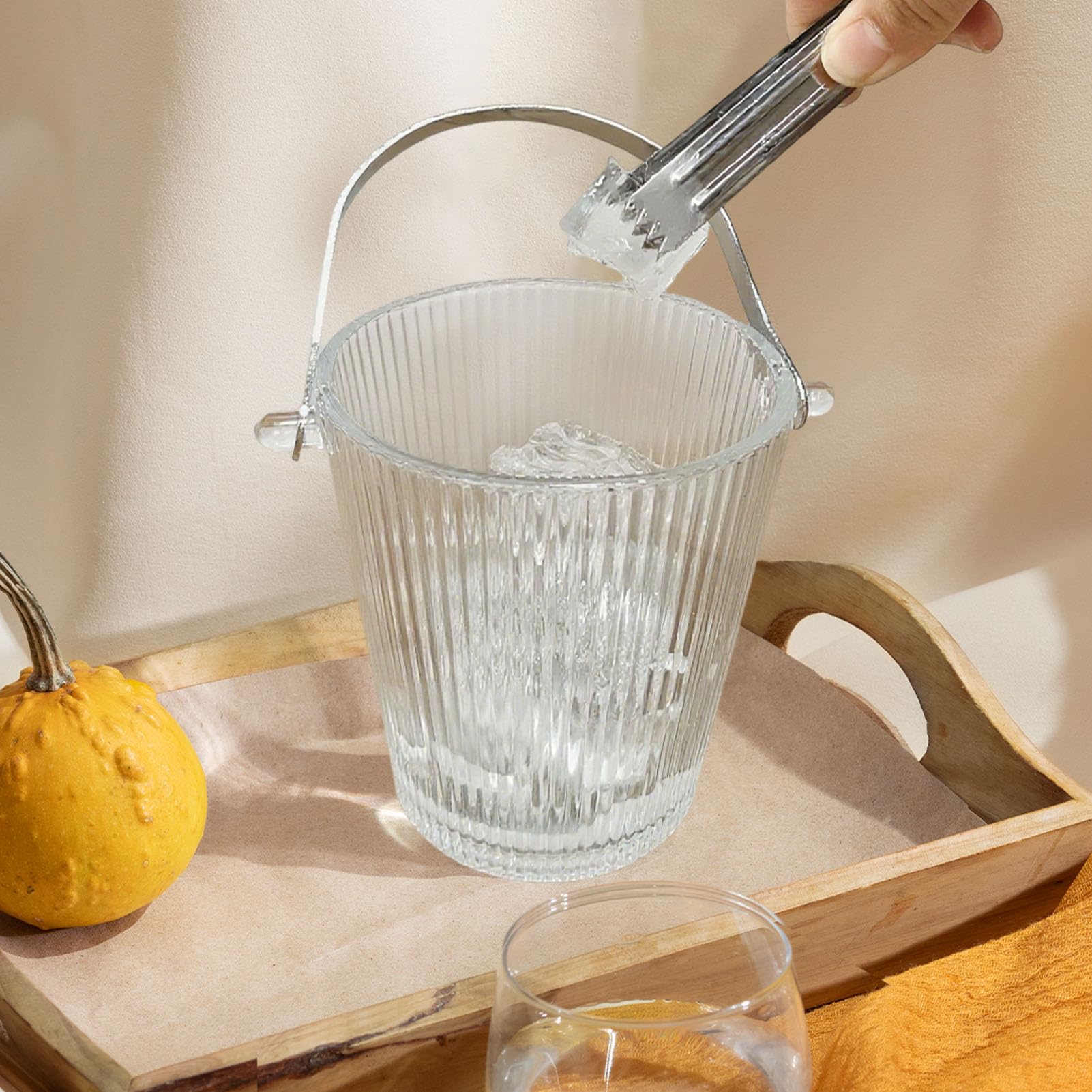 Secchiello per ghiaccio in vetro con manico e pinza per ghiaccio, per cocktail bar, vino, casa, bar, accessori, feste, secchiello per champagne trasparente