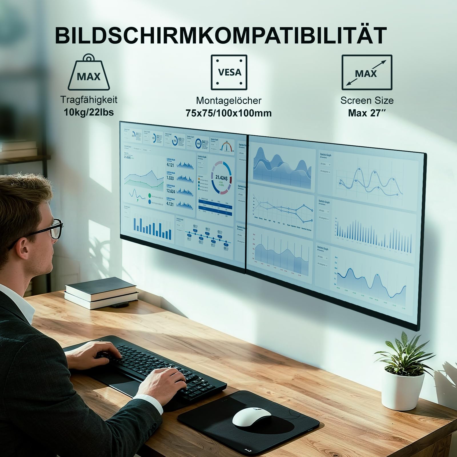 WALI Dual Monitor Wandhalterung,Monitor WandHalterung 2 Monitore bis 27 Zoll-Schwenkbar & Neigbar,VESA 75x75/100x100mm (012ARM),Schwarz