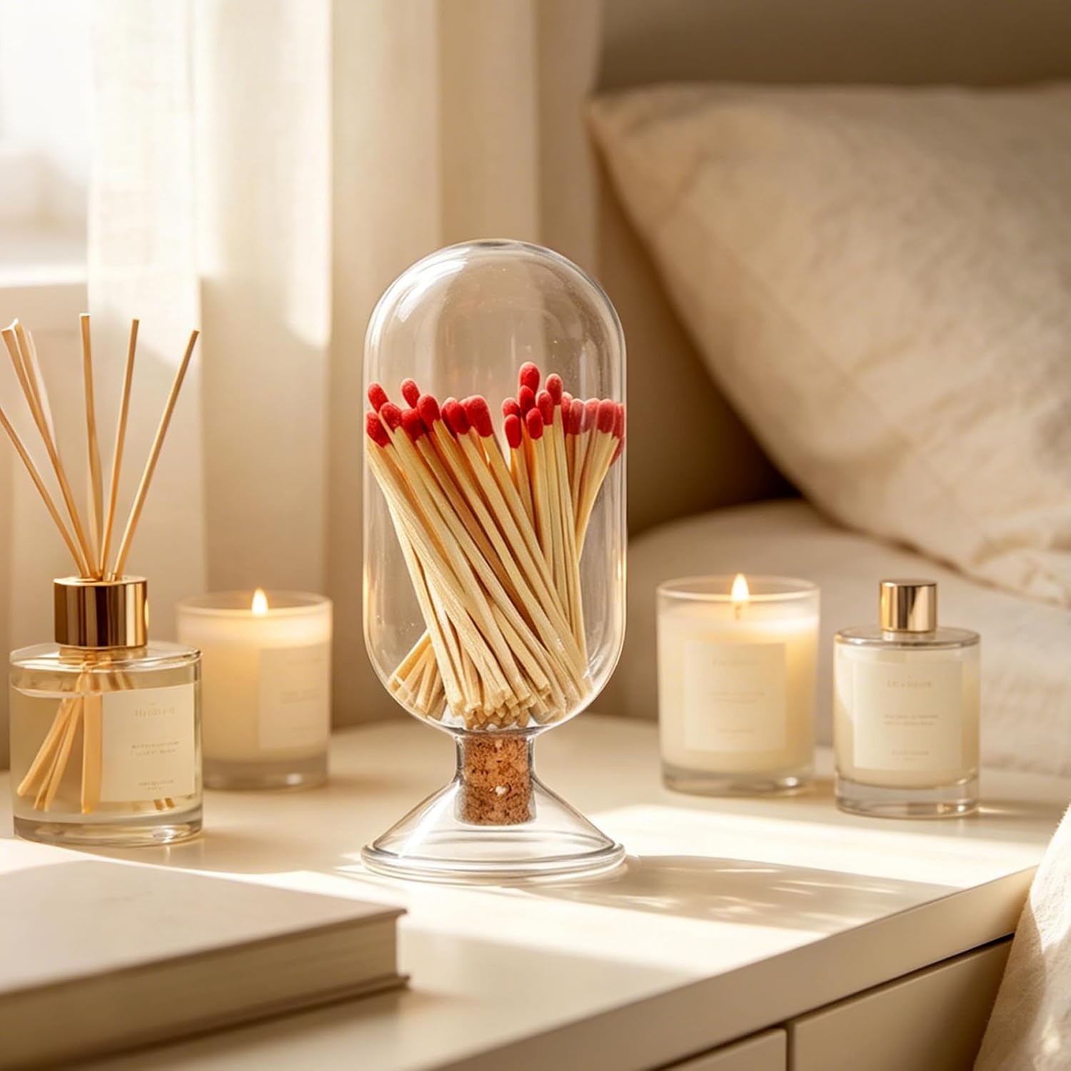 Glass Match Holder Jar with Striker, Decorative Glass Container for Matches for Bathroom Fireplace and Home Display (6Inch Simple) image 5