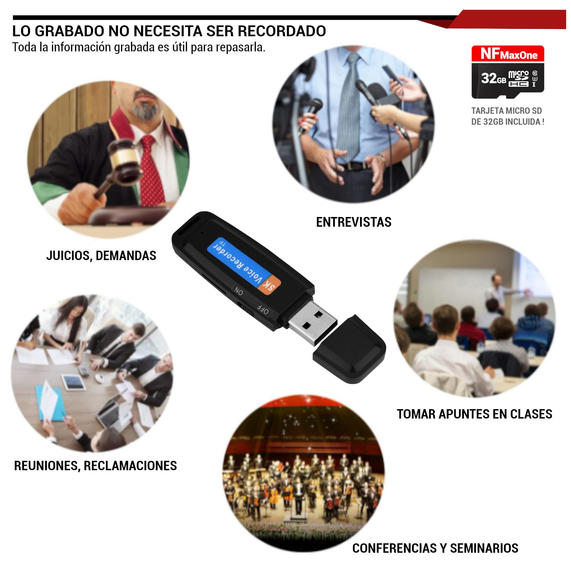 Grabadora de Voz Espia Digital con MicroSD de 32 GB incluida | Mini Grabadora de Audio Ideal para Reuniones, Entrevistas, Clases | Grabadora USB Espia Portatil con hasta 500 Horas Grabación