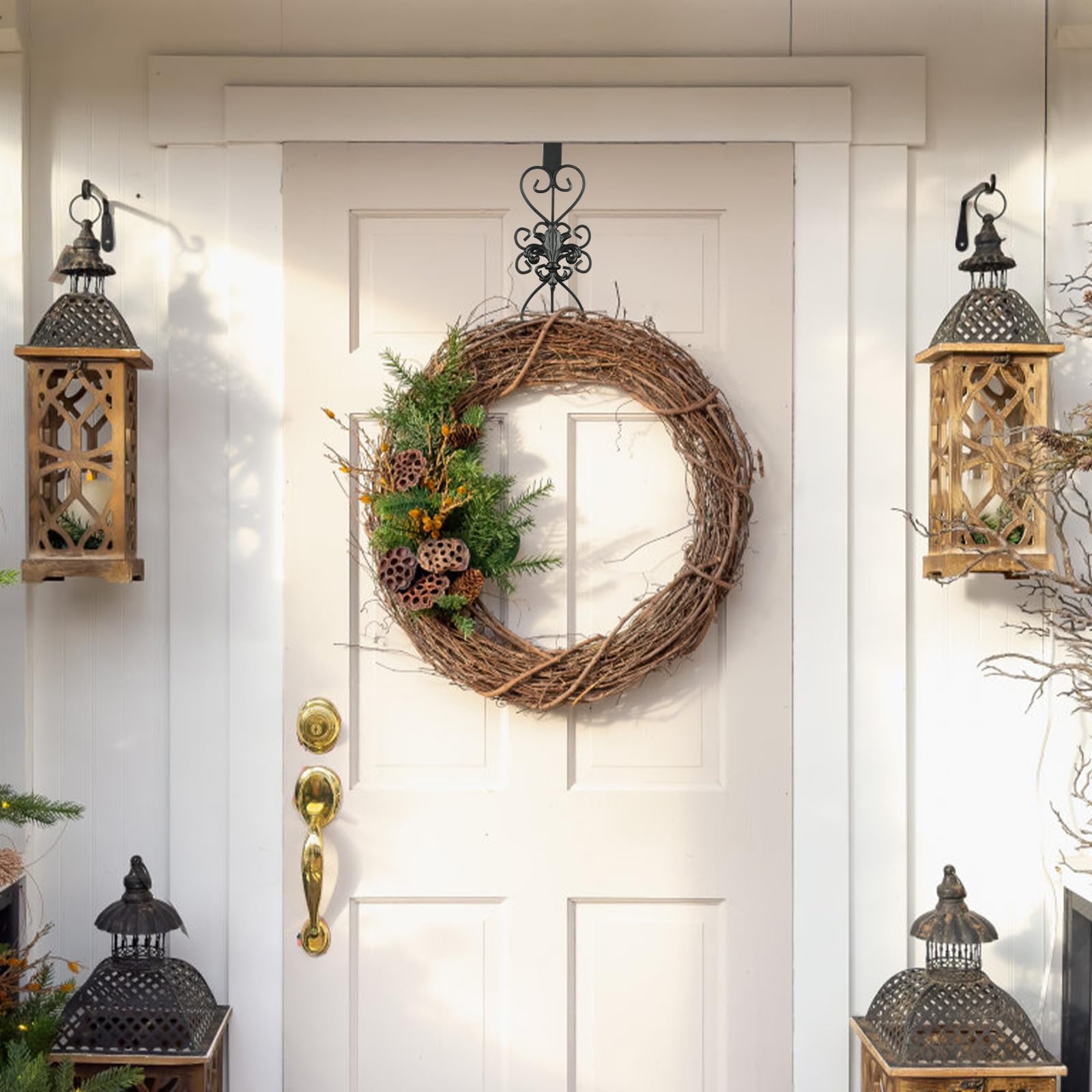 Black Wreath Hanger for Front Door - Elegant, Heavy Duty Metal Design, 15.5