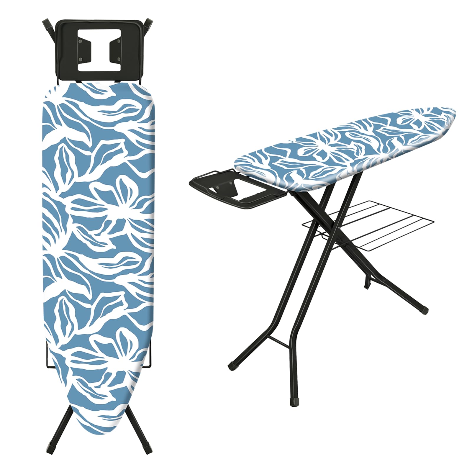 TEENO Folding Ironing Board, 122 x 38 cm Ironing Surface, Adjustable Height (71-91 cm), Silicone Iron Rest, Safety Lock, Anti-Skid Feet, Foldable for Home & Laundry Use(Blue pattern)