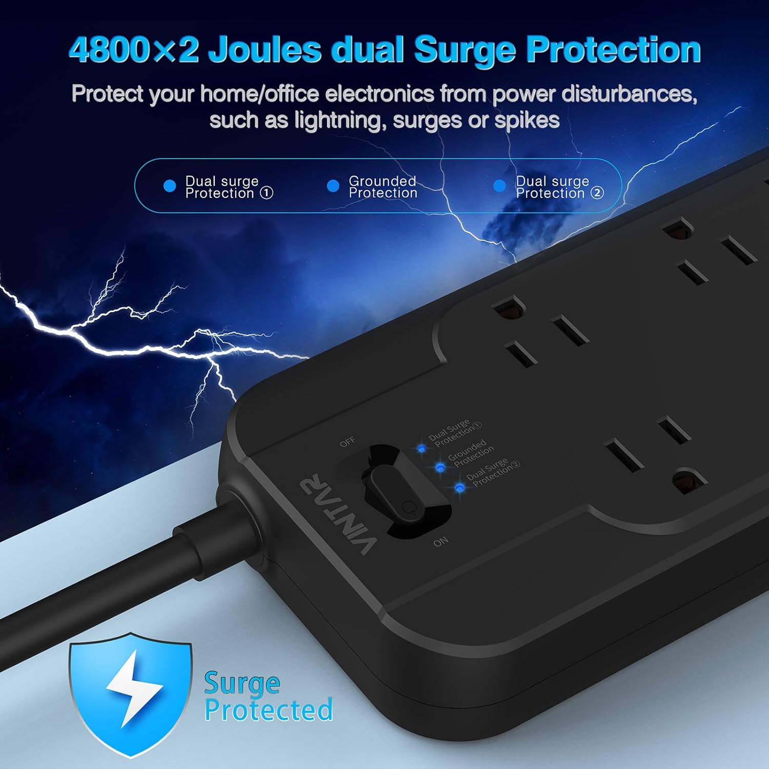VINTAR Power Strip Surge Protector (2 × 4800 Joules) with 12 AC Outlets,1875W Output, 6ft Long Extension Cord Flat Plug with Dual Surge Protection for Office, Home, ETL Listed, Black