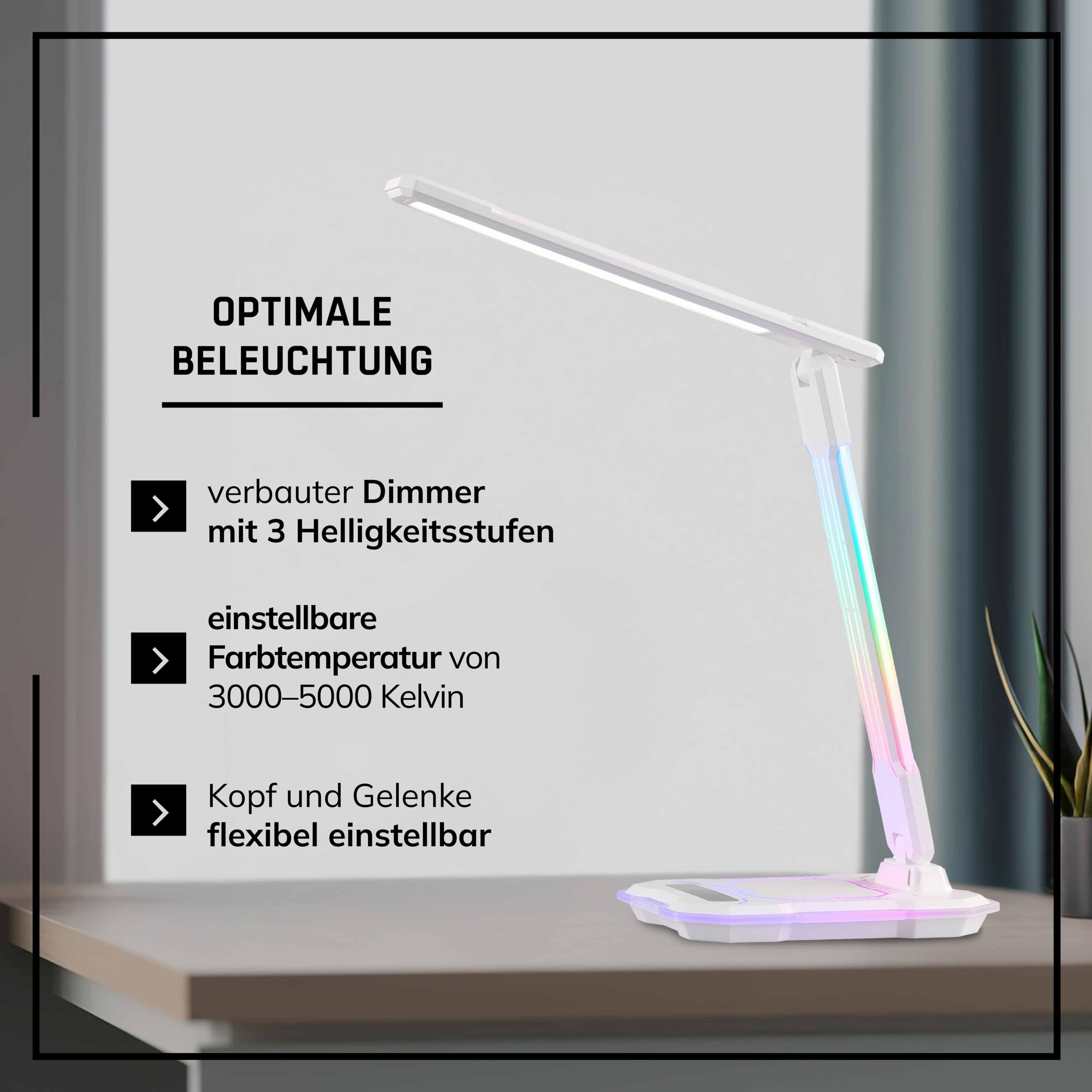 Lightbox LED Schreibtischlampe - dimmbare Schreibtischleuchte - Tischlampe mit Touch und USB - CCT-Funktion - Wireless Charging - RGB-Lichteffekt
