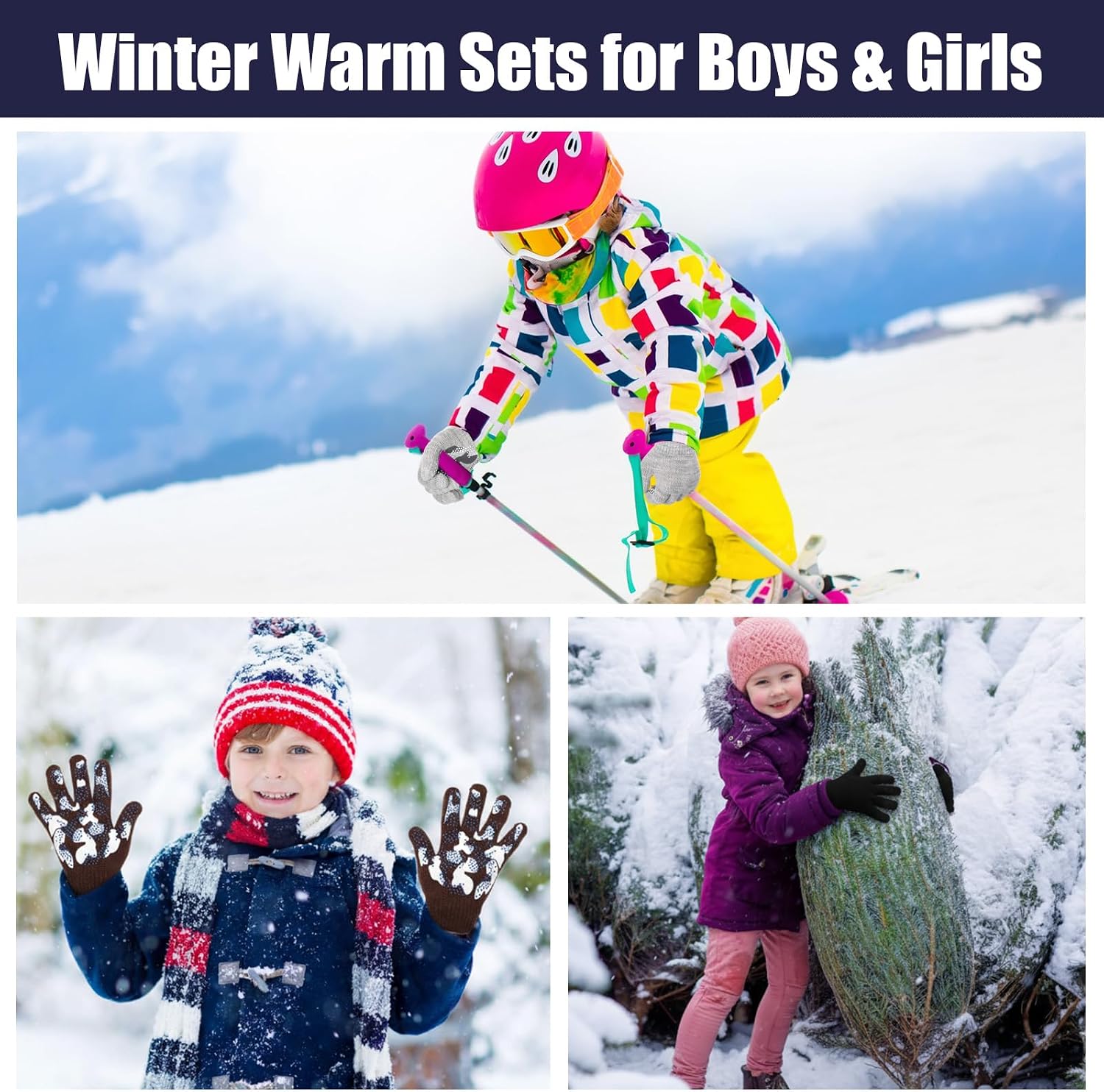 Shyyween 4 Pairs Kids Gloves Winter Camouflage Grips Gloves Thermal Fleece Lined Thick Knit Stretch Glove for 3-8 Boys Girls