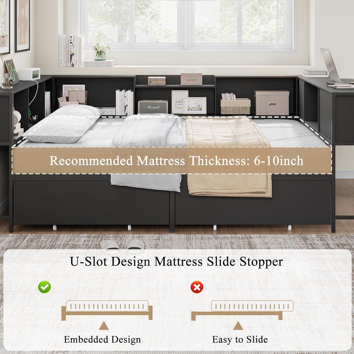 Image showing the U-slot design for mattress stability and recommended mattress thickness of 6-10 inches.