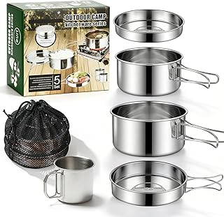 Camping Kochgeschirr Edelstahl Topfset, 5 Teiliges Stapelbar Camping Geschirr Set, Tragbar Outdoor Kochgeschirr Mit Mesh Tasche Für Picknick, Outdoor-Campings, Rucksackreisen, Wandern