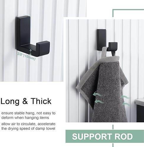Miniatura 2 de APLusee Gancho doble para toalla y gancho en forma de L, acero inoxidable 304 montado en la pared, accesorios de baño negro mate