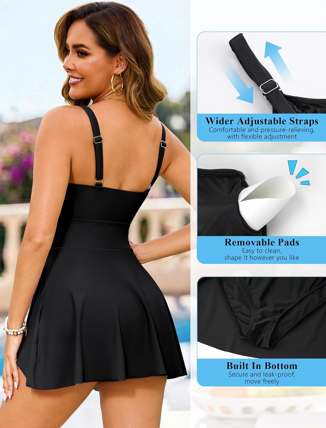 HUSKARY Women Swimsuit One Piece Tummy Control Swimdress Full Coverage Flowy Bathing Suits Gold Metal Tie Knot Swim Dress - Image 6