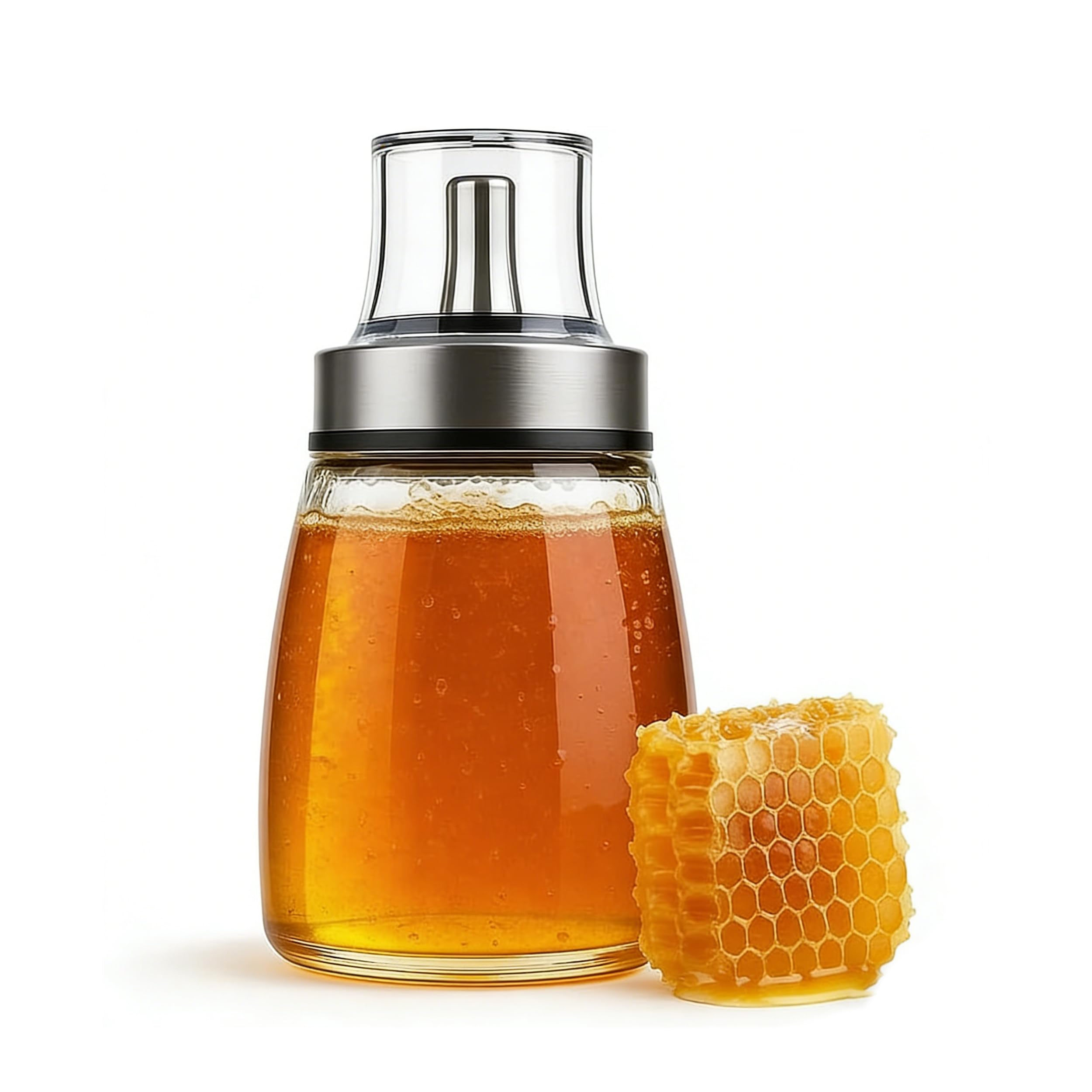 Honigspender Glas 180 ml Tropffrei Honigspender mit Edelstahl Ausgießer Sirup Spender Honigglas Süßstoffspender mit Deckel für Frühstückstisch Küche Kaffee Bar Buffet