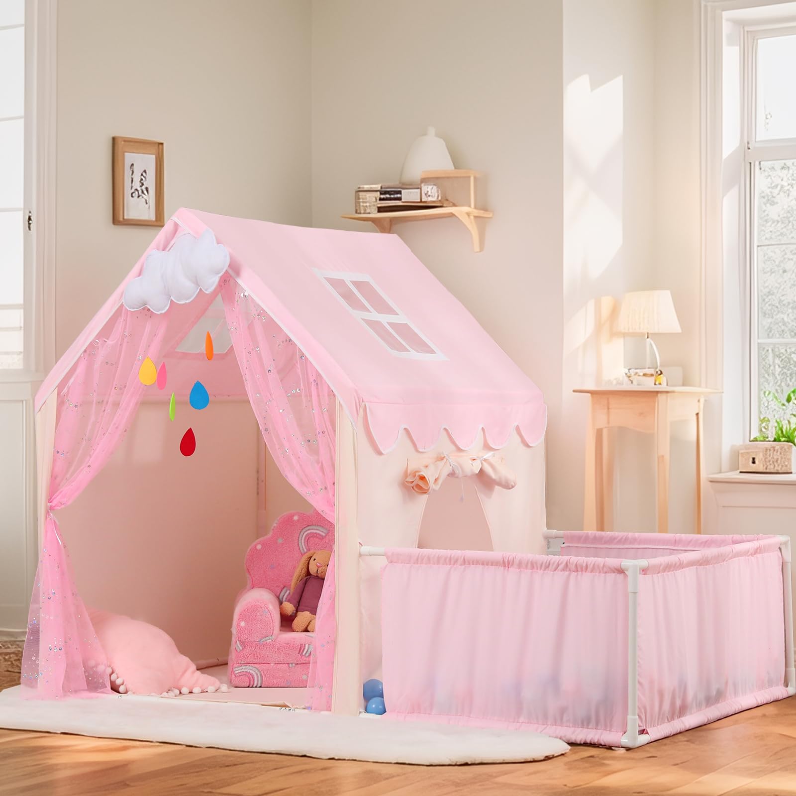Large Indoor Play Tent for Kids Room - Playhouse with Windows for Boys & Girls, Imaginative Toddler Fort for Ages 2-6, Children's Decorative Hideaway (Pink)