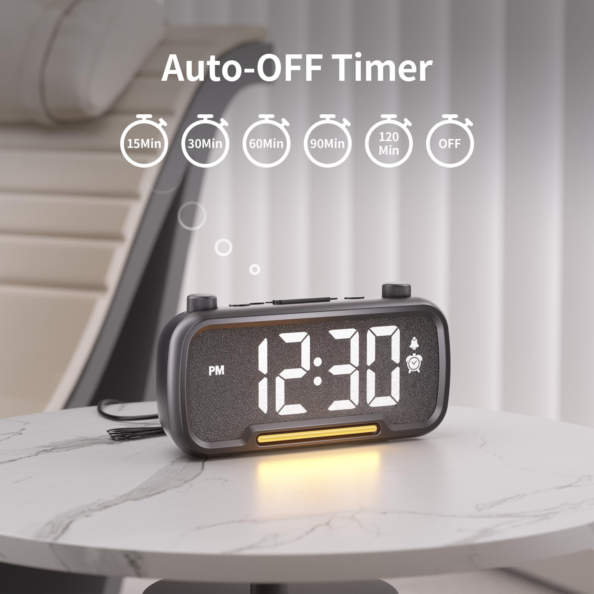 Radiosveglia con altoparlante Bluetooth, radio FM, suono ad alta fedeltà, orologio da comodino con 2 caricabatterie USB, dimmer e volume regolabili, luce notturna, timer di spegnimento automatico,