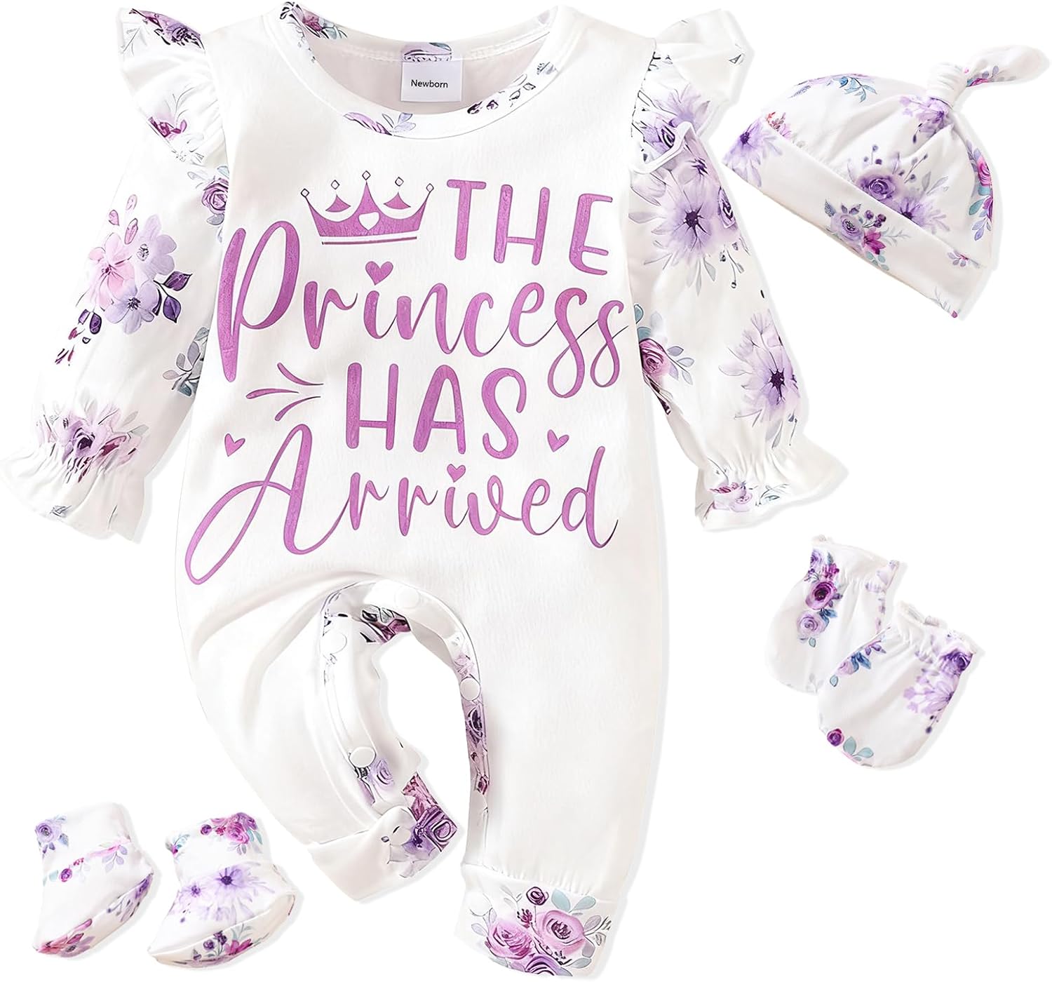 Newborn Baby Girl Outfits Infant Romper Coming Home Ruffled Jumpsuit with Hat Mittens+Booties