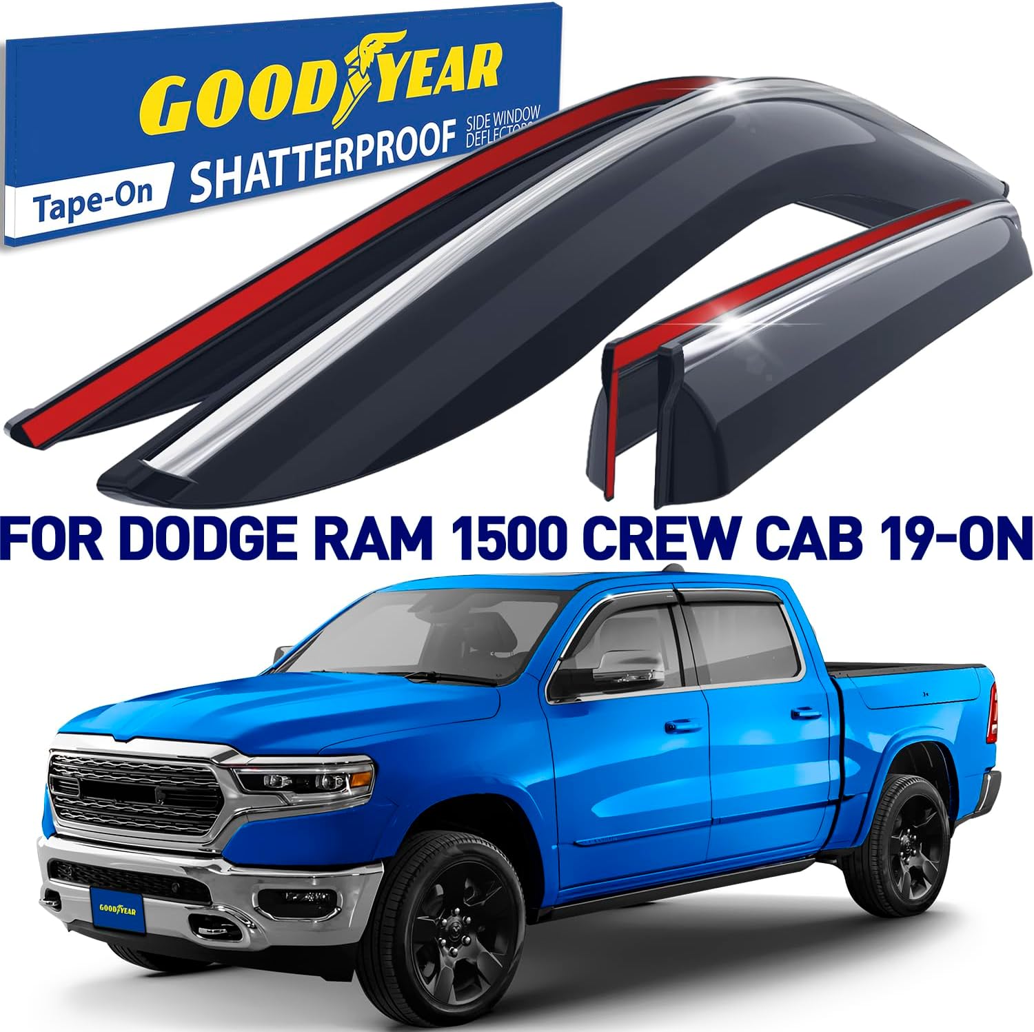 Goodyear Chrome Trim Window Deflectors for Dodge Ram 1500 2019-2026 Crew Cab, Shatterproof Tape-on Rain Guards, Window Visors, Vent Deflector Visor,Car Accessories, 4 pcs - GY008852