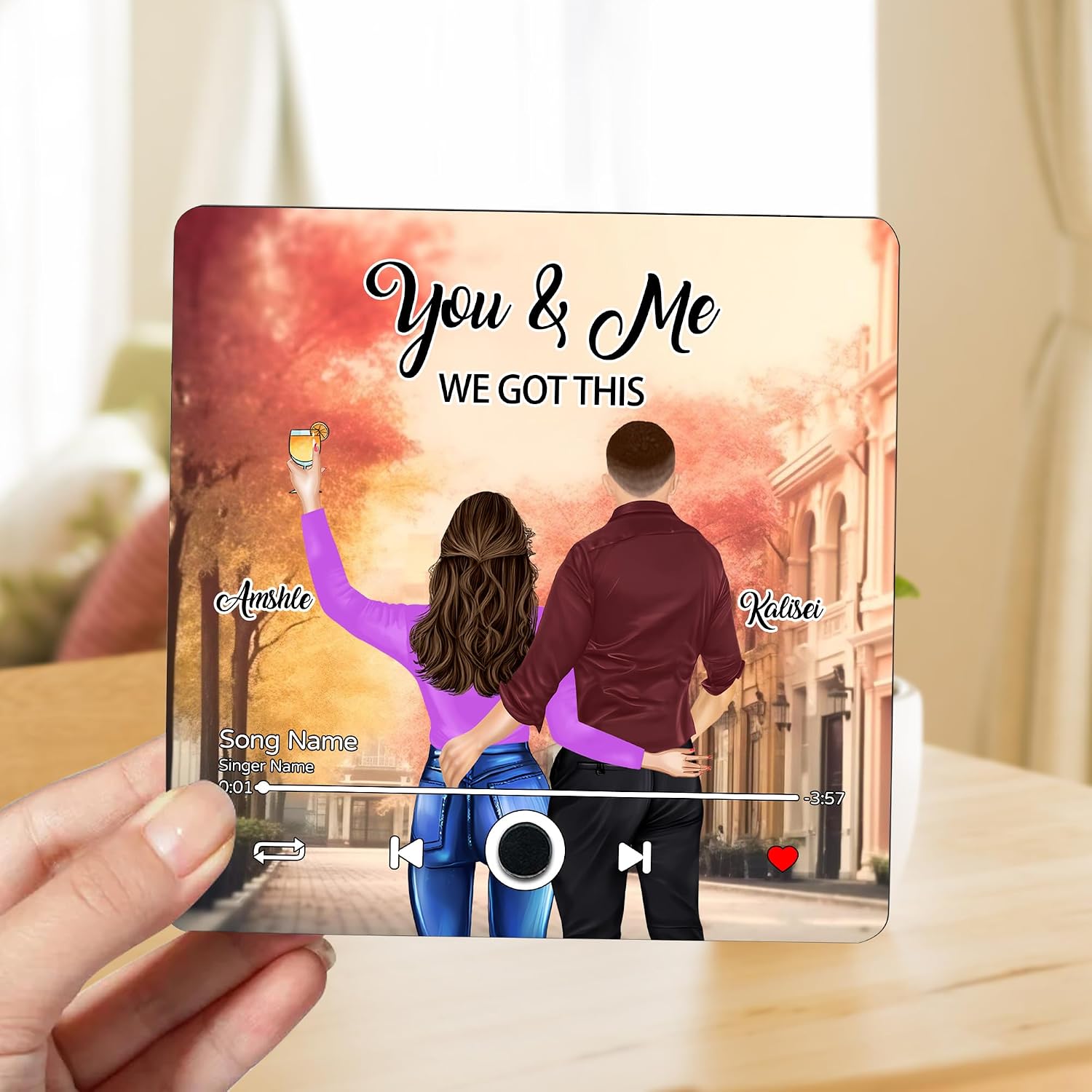 Personalized Couple Portrait Music Fridge Magnets Custom Name Built-in Music Player You and Me We Got This Memory Music Refrigerator Magnet Gifts for Music Lovers Family Birthday (Style 24)