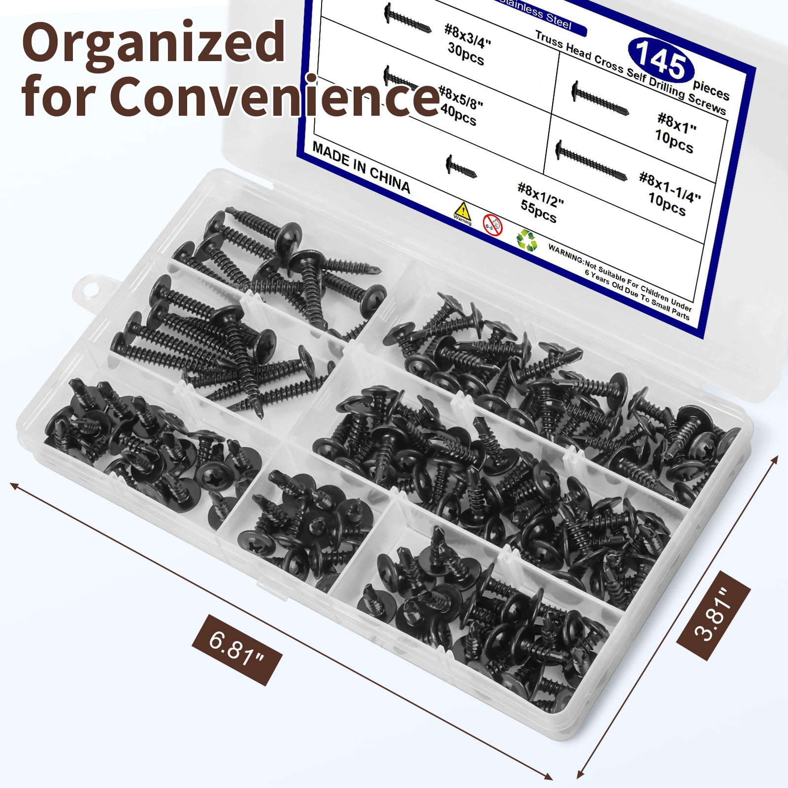 145 tornillos autorroscantes, tornillos autorroscantes de acero inoxidable 410 para metal, kits surtidos de tornillos de chapa metálica, chapados en zinc negro, tornillos autoperforantes de cabeza de