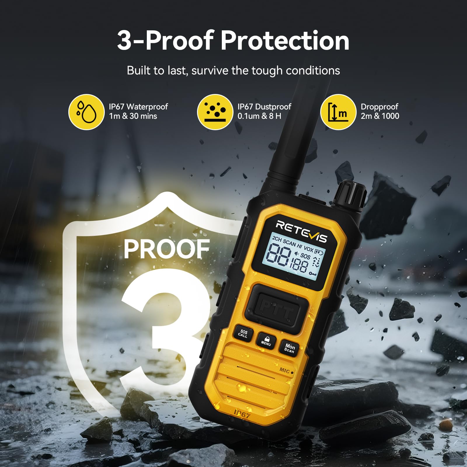 Retevis RB648Plus Funkgerät mit Großer Reichweite, Walkie-Talkie Baustellen | IP67 wasserdichte Handfunkgerät Set mit 10-Wege-Ladegerät, 2000mAh, Gruppenruf, VOX, (10 Stück, Gelb)