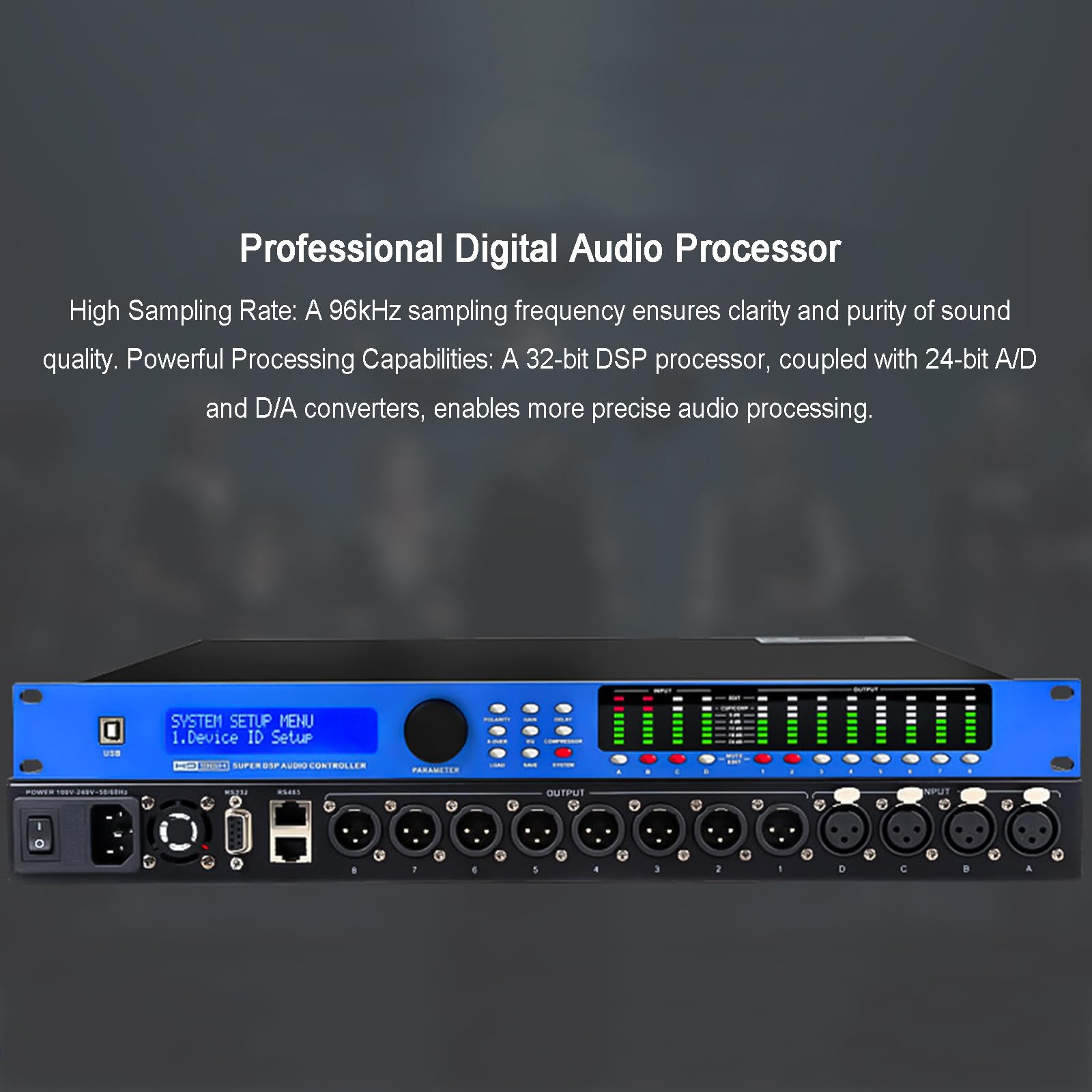 Processore Audio Professionale, Matrice all-in-One 4 Ingressi/8 Uscite con Equalizzatore a 31 Bande, Crossover, Mixer, Schermo LCD E Indicatore di Livello, Impostabile Tramite PC