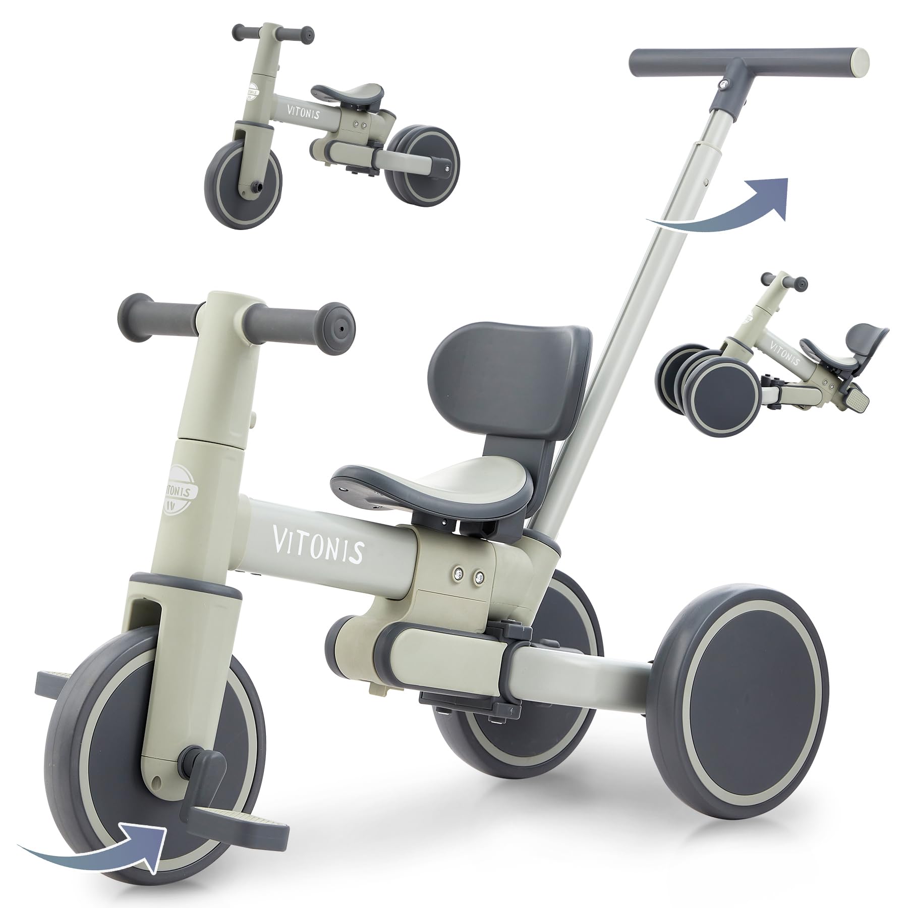 Bicicletta senza pedali da 1 anno, triciclo 5 in 1 con barra di spinta per bambini, bicicletta senza pedali per bambini piccoli, regalo per bambini e bambine
