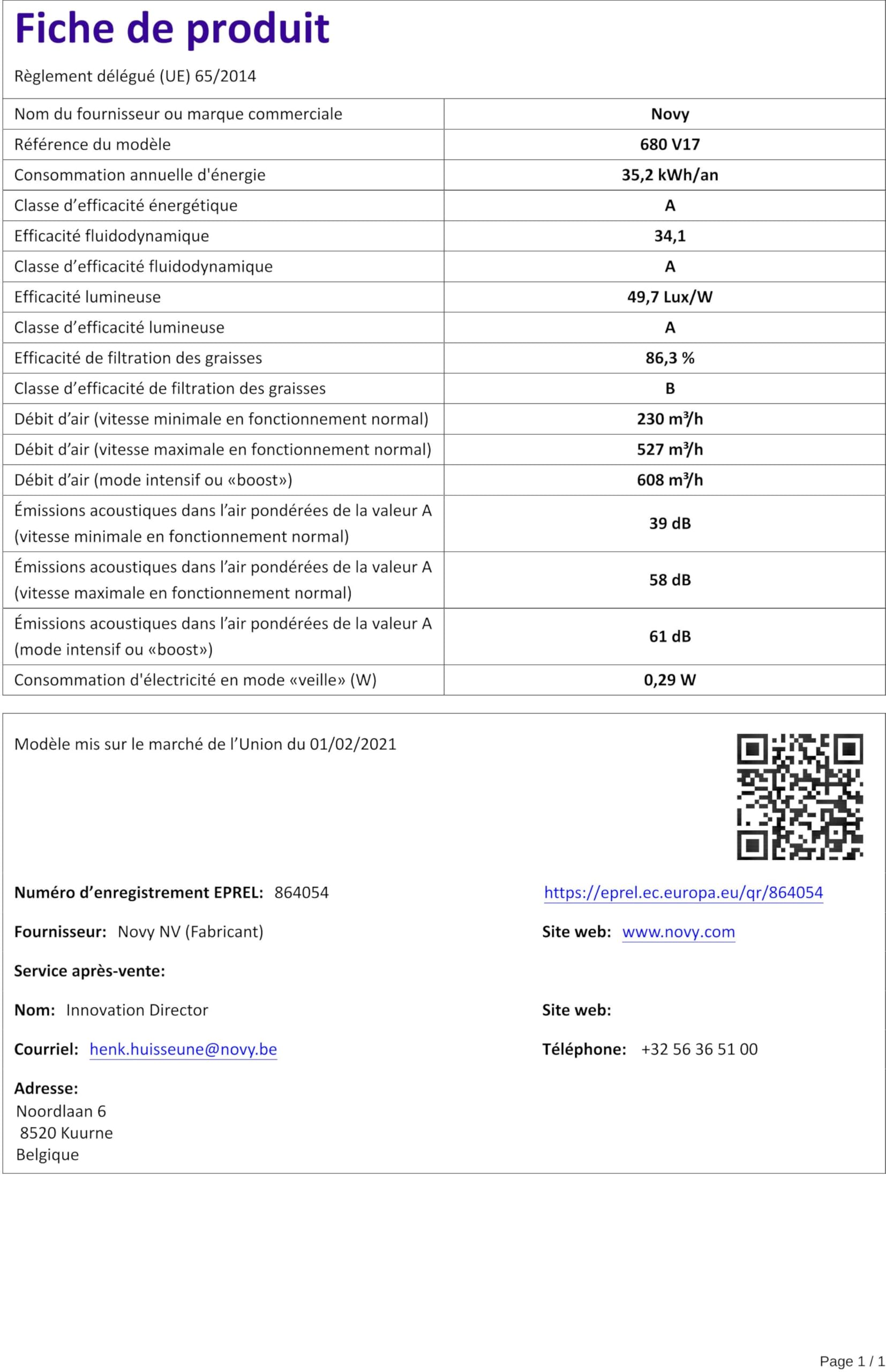 NOVY 680 Intégré Blanc 653m³/h - Hottes (653 m³/h, recirculation, 37 dB, 46 dB, 50 dB, 58 dB)