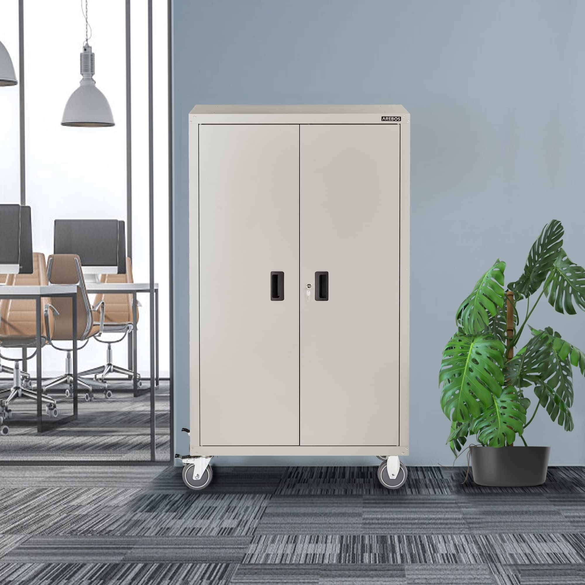 Arebos Aktenschrank | Büroschrank | inkl. 4 Rollen-Set | 155 x 90 x 40 | 2 Türen | mit 3 Höhenverstellbaren Einlegeböden | mit Zylinderschloss | Grau