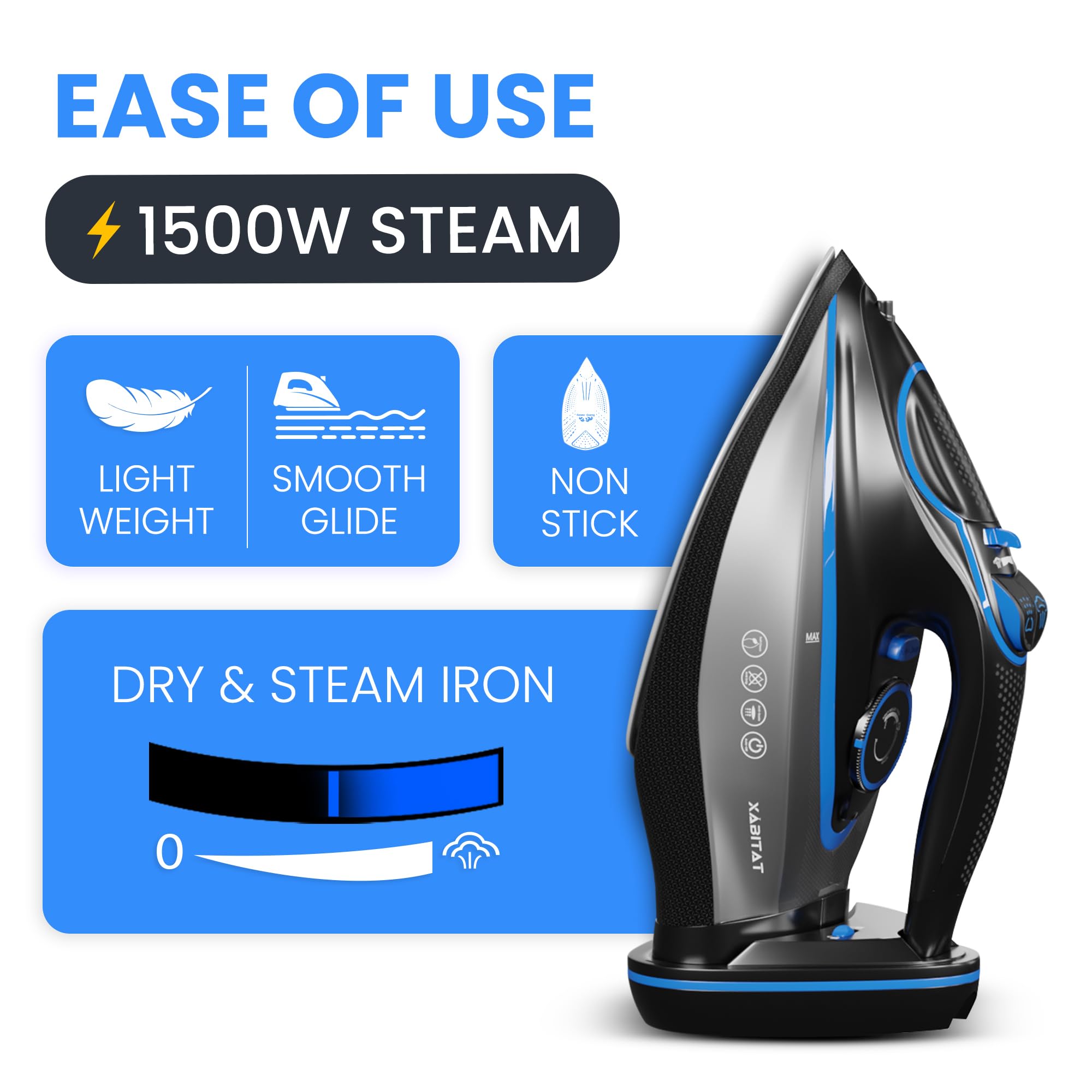 Xabitat - Plancha inalámbrica de lujo | Plancha de vapor de 1500 W, antigoteo, tecnología de protección térmica, suela de cerámica antiadherente, cable 2 en 1, inalámbrico (negro + azul)