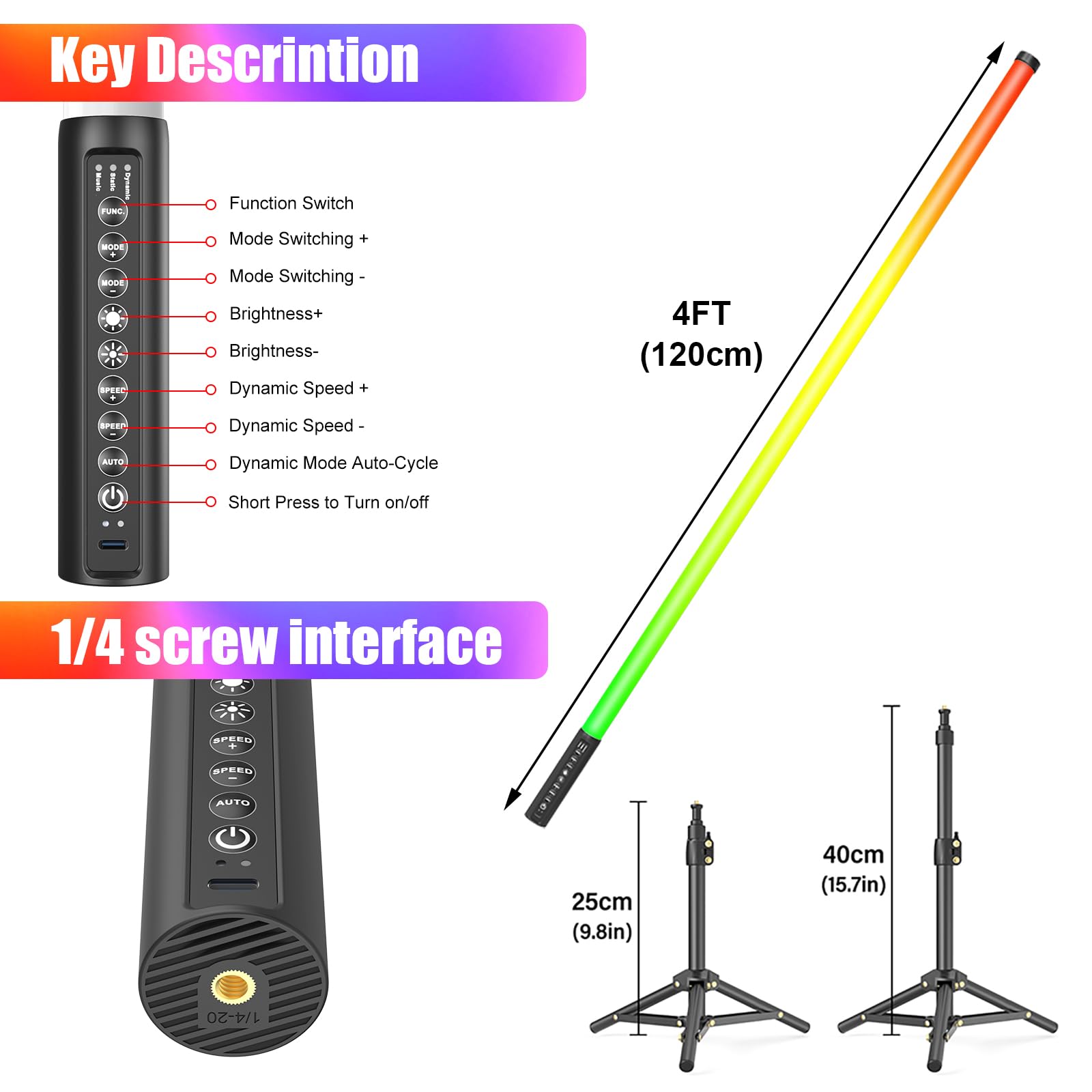 Luce video LED Mood1Pro da 2 pezzi da 120 cm con treppiede, luce fotografica portatile a LED, batteria da 5000 mAh e modalità musica, lampada fotografica RGB per YouTube,TikTok, feste,bar, fotografica