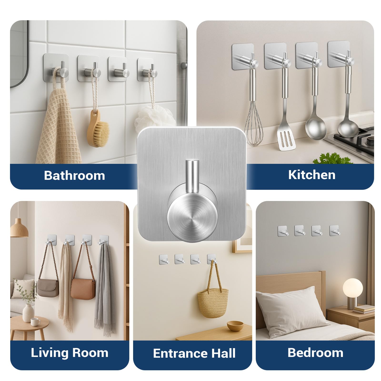 4 Pièces Crochet Adhesif Mural, Acier Inox Crochet Salle De Bain, Accroche Torchon Cuisine Sans