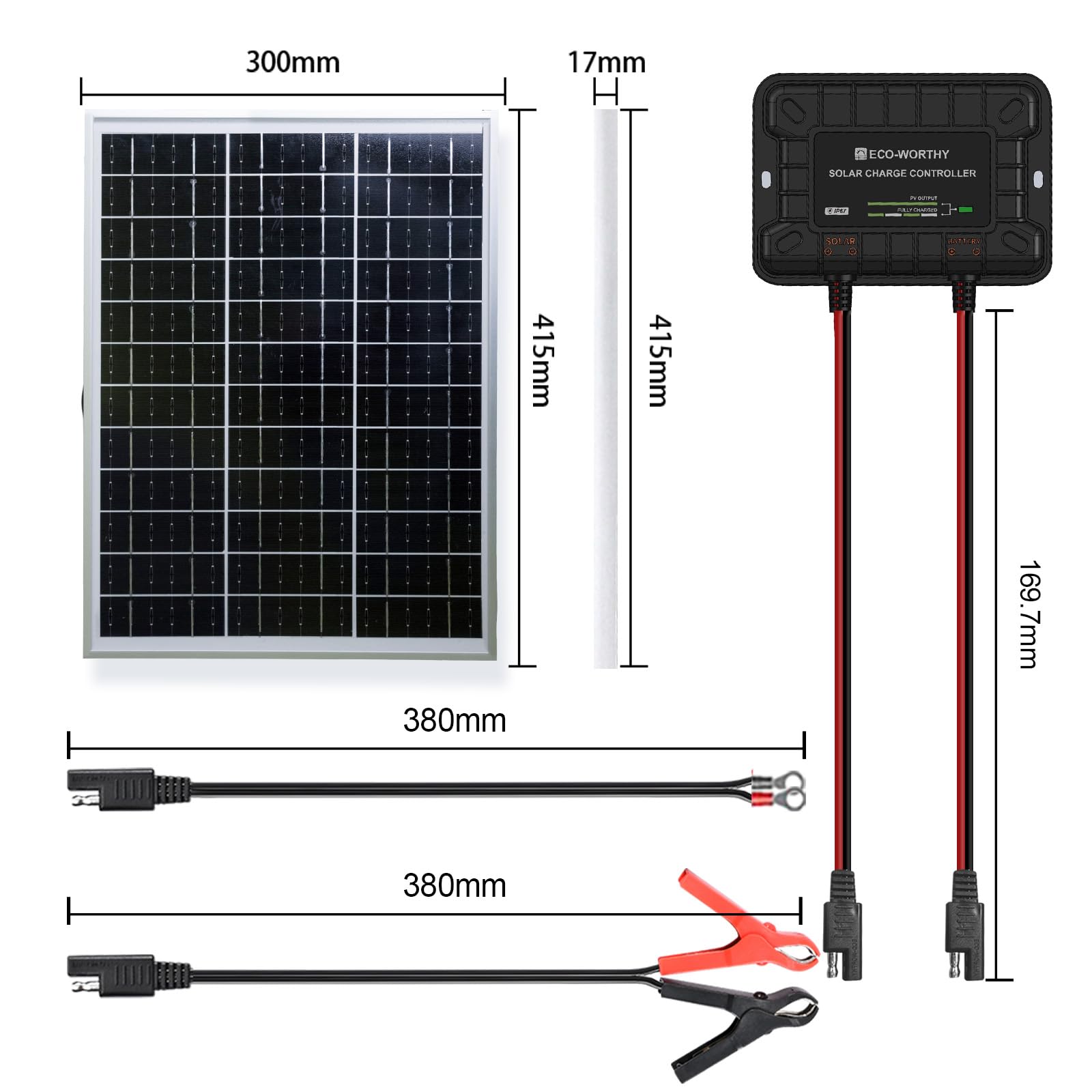 ECO-WORTHY Monokrystaliczny moduł solarny 25 W, 12 V, zestaw paneli słonecznych: panel słoneczny 25 W + regulowany uchwyt + kabel przyłączeniowy SAE + regulator ładowania do ogrodu, domku i łodzi
