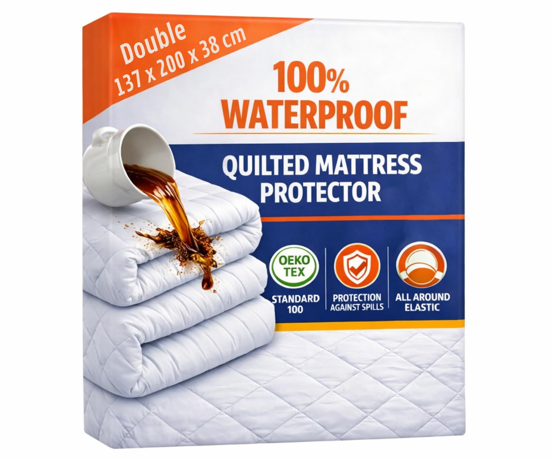 Symphony Waterproof Quilted Mattress Protector Double Bed 34cm Extra Deep,100% Microfiber Waterproof Quilted Double Mattress Protector, Hotel Quality Fitted Stretch Skirt Mattress Cover (137x200cm)