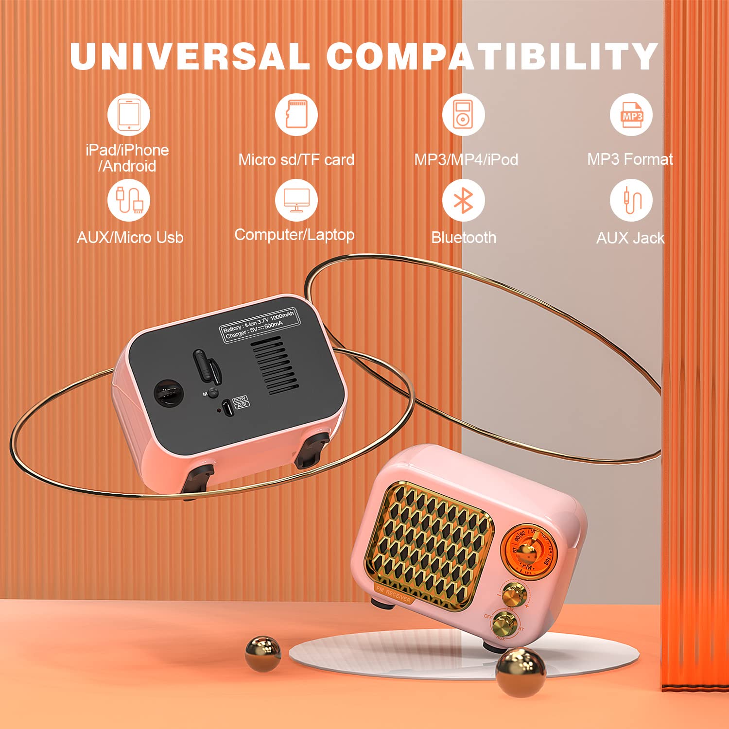 Tendak Radio Vintage FM Portatile Bluetooth 5.1 Retro Altoparlante Hi-Fi Batteria Ricaricabile 1000 mAh TF Card AUX USB MP3
