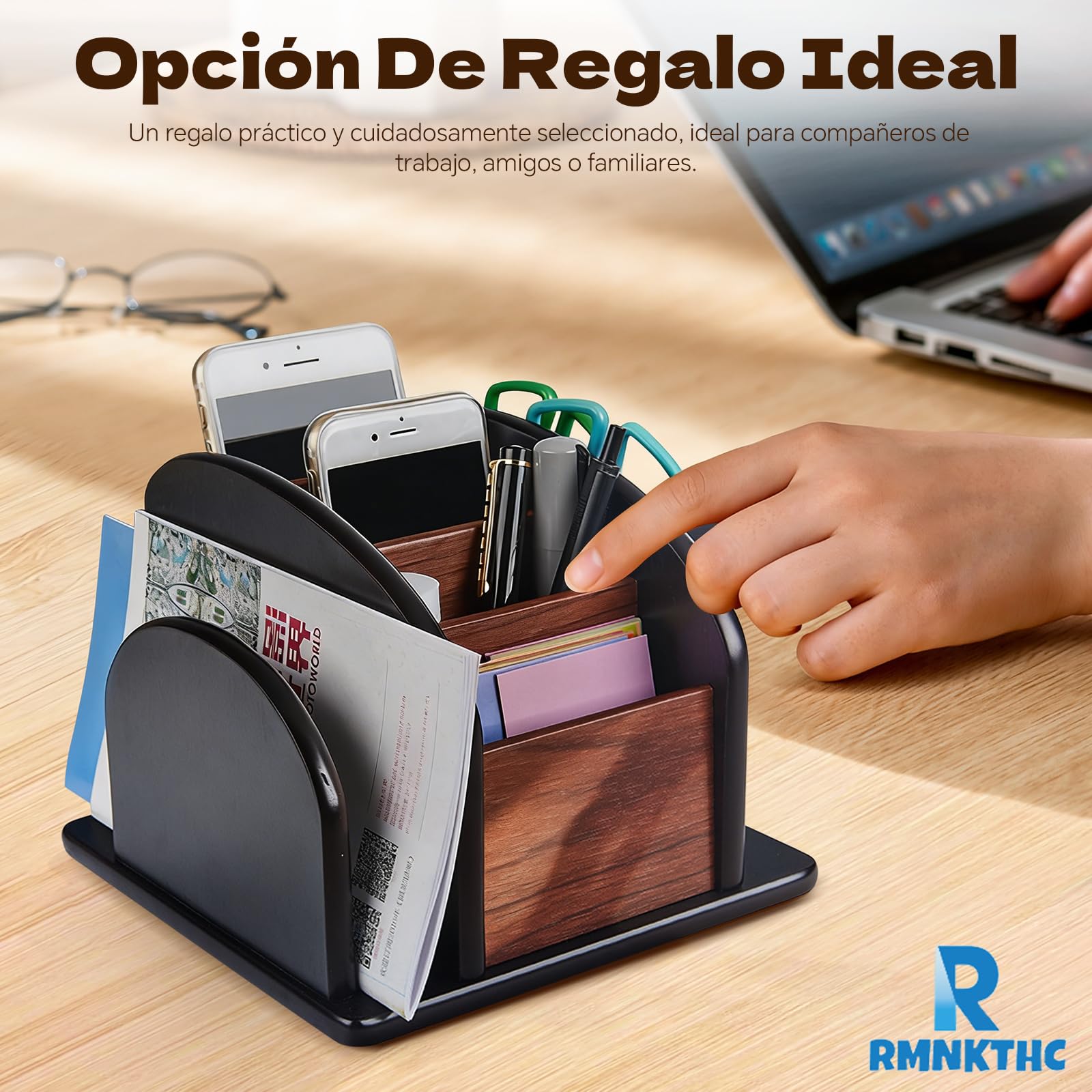 Organizador de Escritorio de Madera Giratorio con 6 Compartimentos – Portalápices Multifuncional para Objetos Pequeños, Soporte para Mandos a Distancia, para Oficina Escuela Hogar