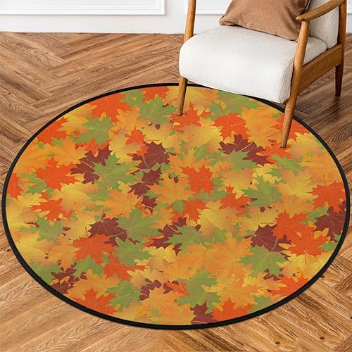 Miniatura 1 de Colorful Autumn Maple Leaves Round Rug, 3 Ft Washable Soft Circular Floor Mat, Non Slip Low Pile Area Rugs for Kids Room Bedroom Bathroom Laundry