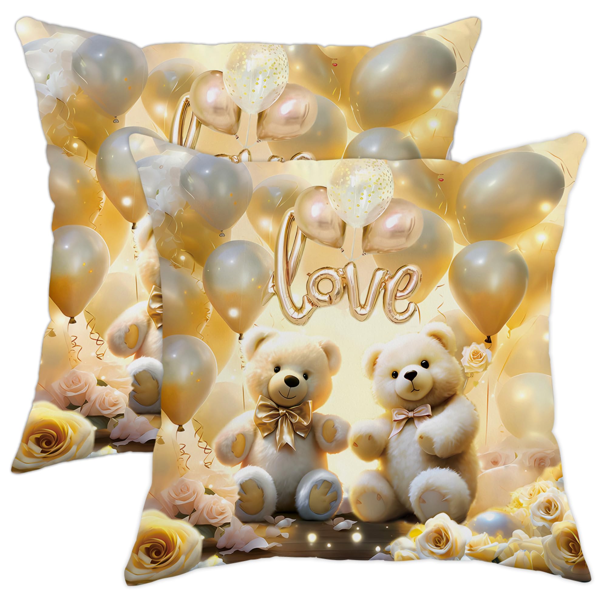 Valentines Day Cute Bear Throw Pillow Covers Set of 2 Balloons Love Elegant Rose Luxury Romantic Atmosphere Champagne Velvet Cozy Square Living Room Decor Bedroom Patio Couch Pillow Cases 20x20inch