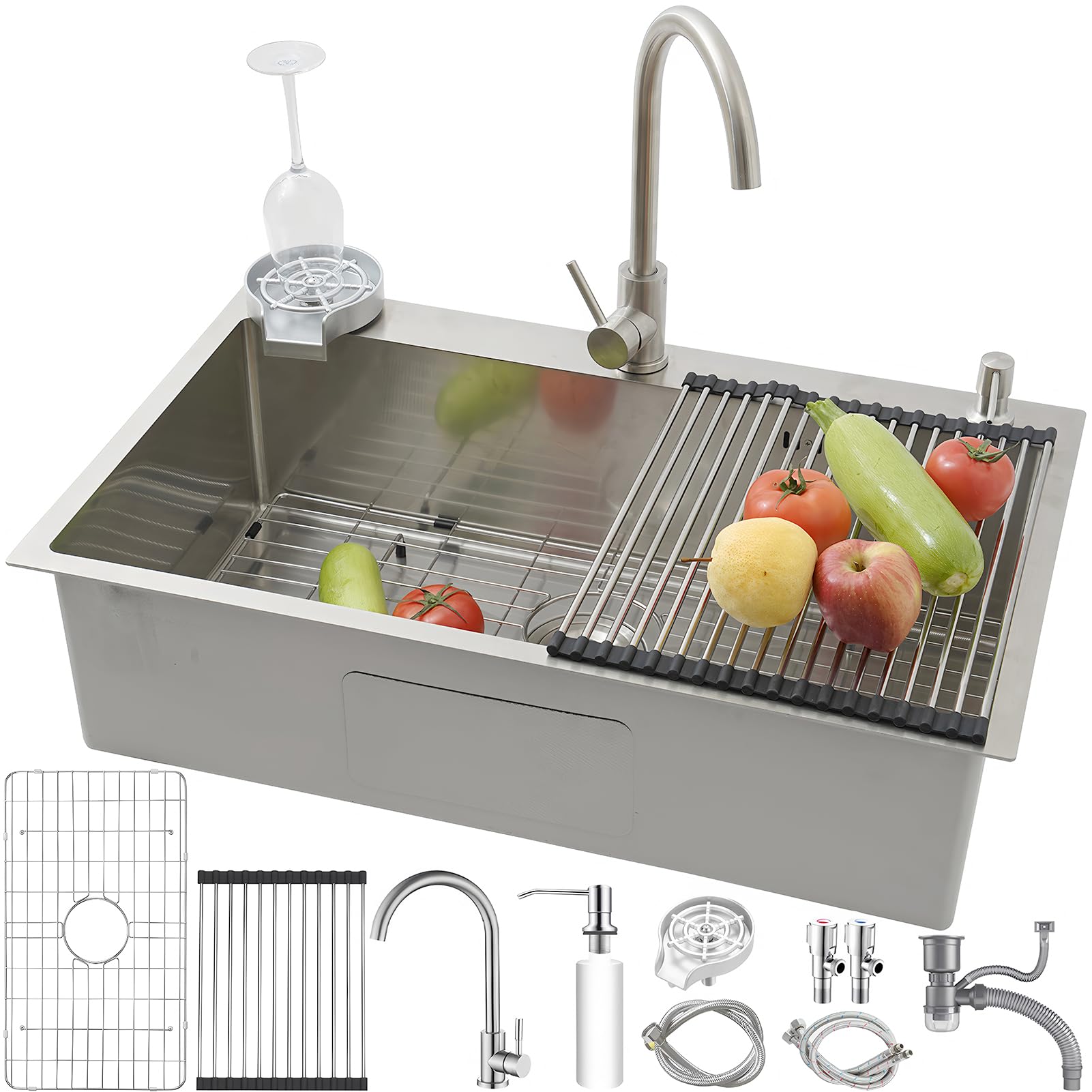 Lavabo de Cocina 80 x 50 cm, Fregadero de Cocina 1 Cuenca de Acero Inoxidable con Grifo, Gran Lavabo de Cocina Cepillado, con Rejilla Inferior para Fregadero, Escurridor, Dispensador de