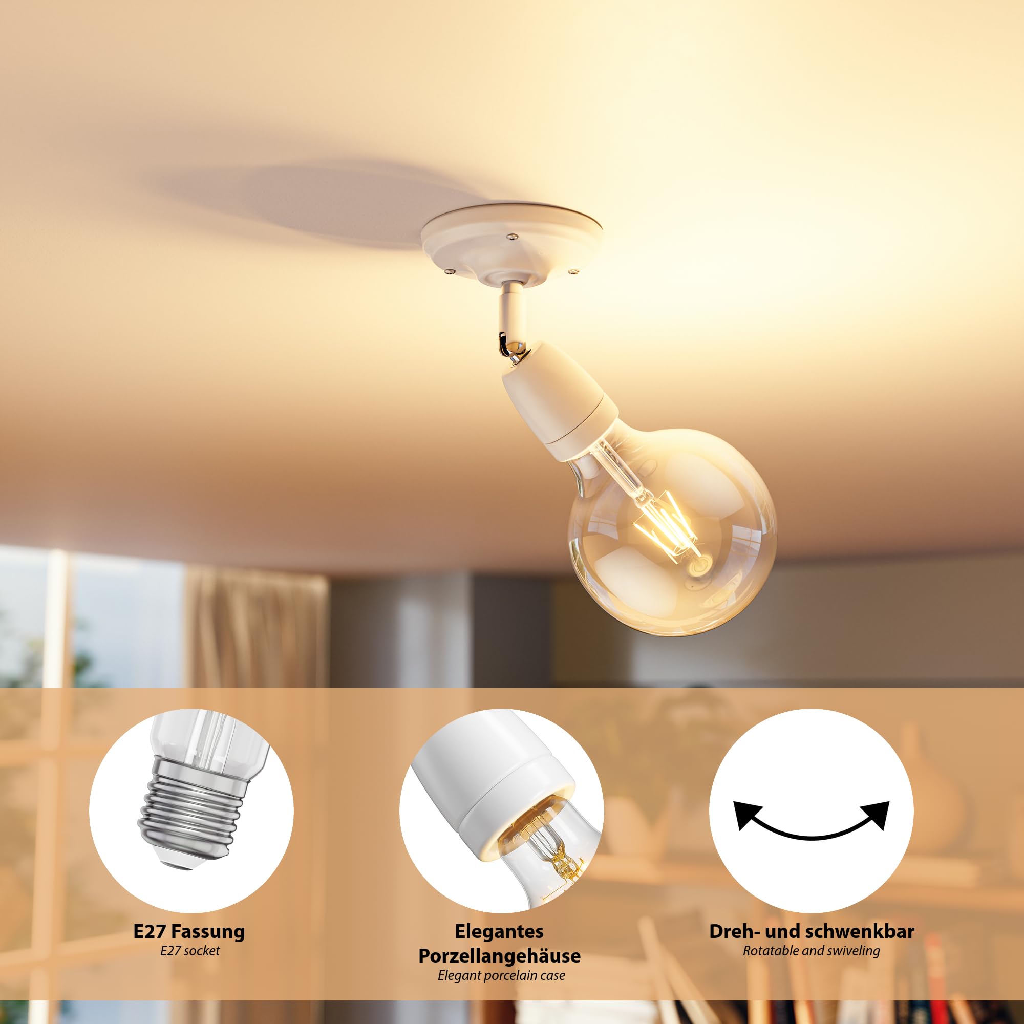 ledscom.de 3 lampade da soffitto/portalampada ELEPO, porcellana, acciaio, bianco lucido, 1x E27 max. 40W